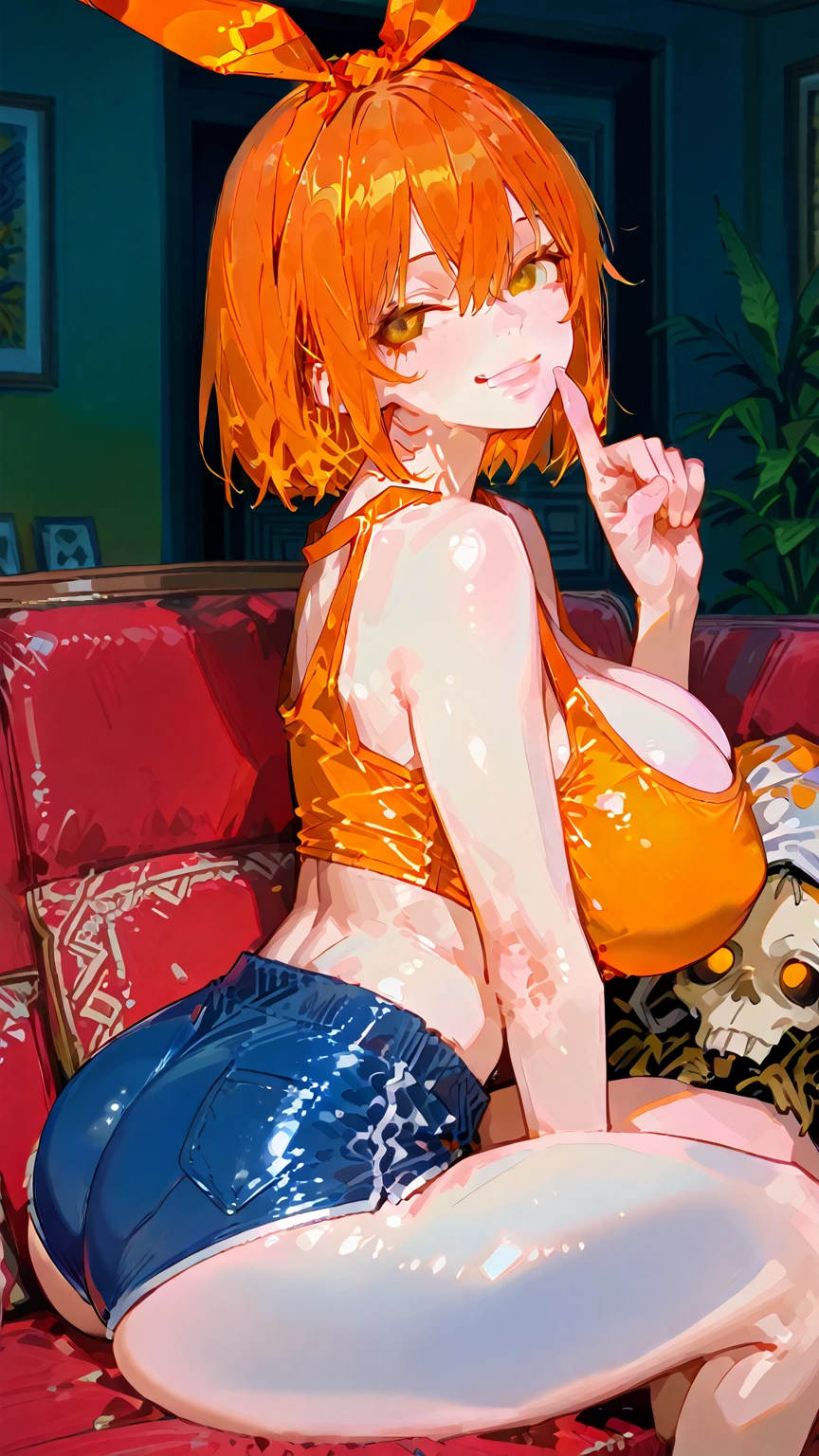 anime, aprnil, 1girl, solo, in a ((yellow jumpsuit)), short red hair, 8k, ((half-body)), cleavage, by kyun, gamang, Yoon Gon-Ji, g.ho, gosonjak, shuroop, serious, domi, noah, trending on pixiv, fanbox, skeb, (best quality:1.2), detailed face, smooth soft skin, big dreamy eyes, beautiful intricate colored hair, symmetrical, anime wide eyes, soft lighting, concept art, <lora:aprnil:0.5>, full body, leaning over, showing ass, eating pizza, nipples see through, blue eyes <lora:pokies_v12:0.5>