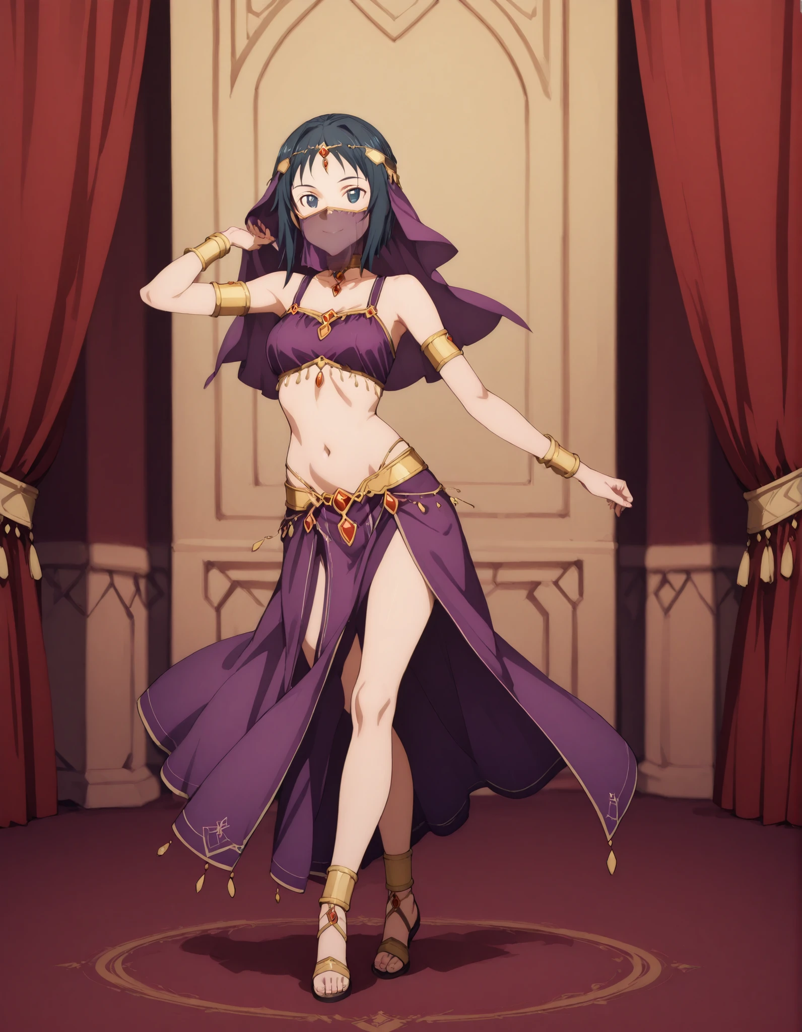 (1girl:1 . 5) , (Seul:1 . 5) , score_9 , score_8_haut , score_7_haut , source_anime , Official work , ultra-detailed , masterpiece , best quality selfie snapshot , high res , beaux yeux , detailed eyes , detailed face , beautiful detailed eyes ,Sword Art Online,Ronye Arabel,Arabian Clothes , Arabian Dancer ,belly dancer costume ,mouth veil,full body, golden jewelery,armlet, belly dancing,arabian theater, seductive smile, dancing with veil, dynamic movement,dance posture, seductive pose