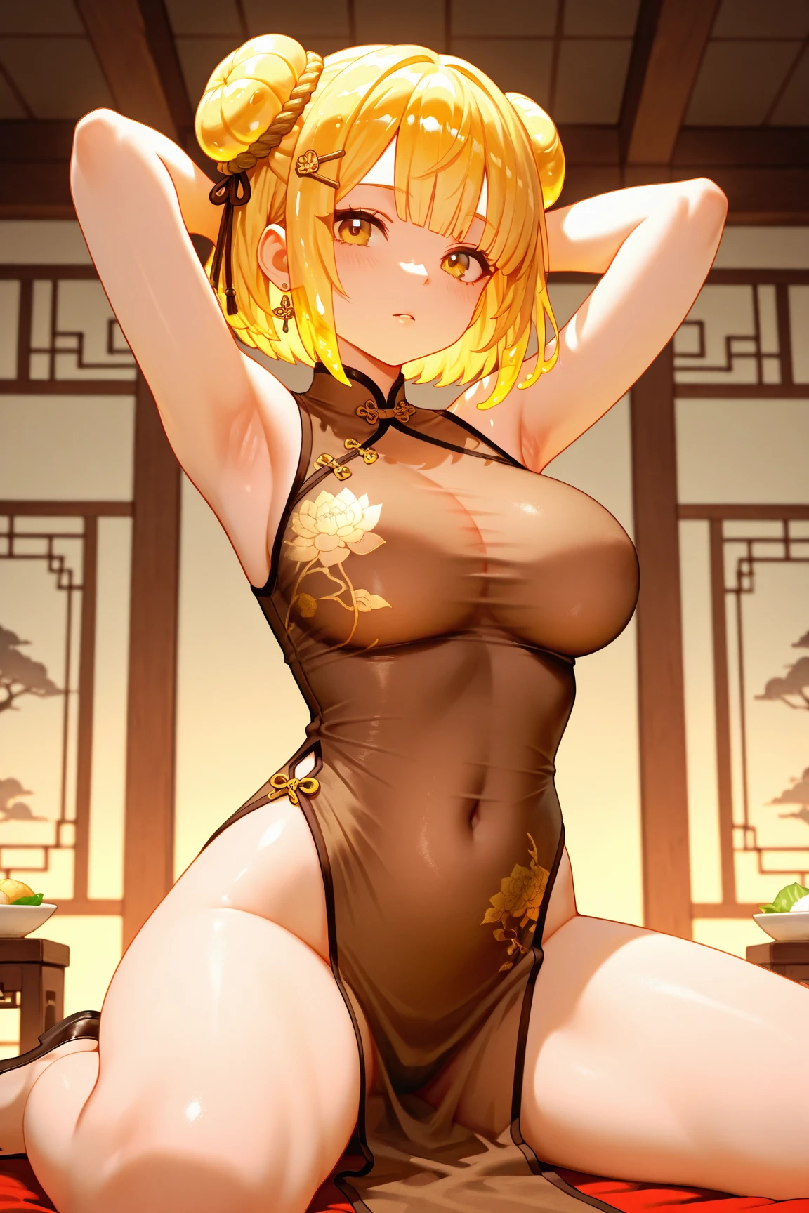 (masterpiece), (highest quality), (figure), (Very detailed), (High resolution), (8k), (Perfect Anatomy), (Anatomically correct), One Girl, Very large breasts, Big Breasts, Twin tails, Drill Hair, (Golden Hair), very cute girl, Short, young, , Young, delicate, Attention to girls, she, smile, 魅力的なsmile, blush, Best moment, , low length, Golden Eyes, Bright Eyes, Vivid eyes, cute, Thighs, Waistline, Being spoiled, Innocent, i love you, Love Viewer, Beautiful Skin, Beautiful body, cute face, delicate arms,　Innocent, Boyfriend's gaze, Vivid eyes, Neat, blush, Sensual, whole body, Seductive, Detailed skin texture,　Intricate details,　Very detailedな顔, Beautiful Eyes, Big Eyes, heart, Inviting, Desire to monopolize, Quote, Gorgeous, Beautifully shaped breasts, Looking up, I love you, 魔法少女まどか☆マギカ, Mami Tomoe, Chinese clothing, slit, field,