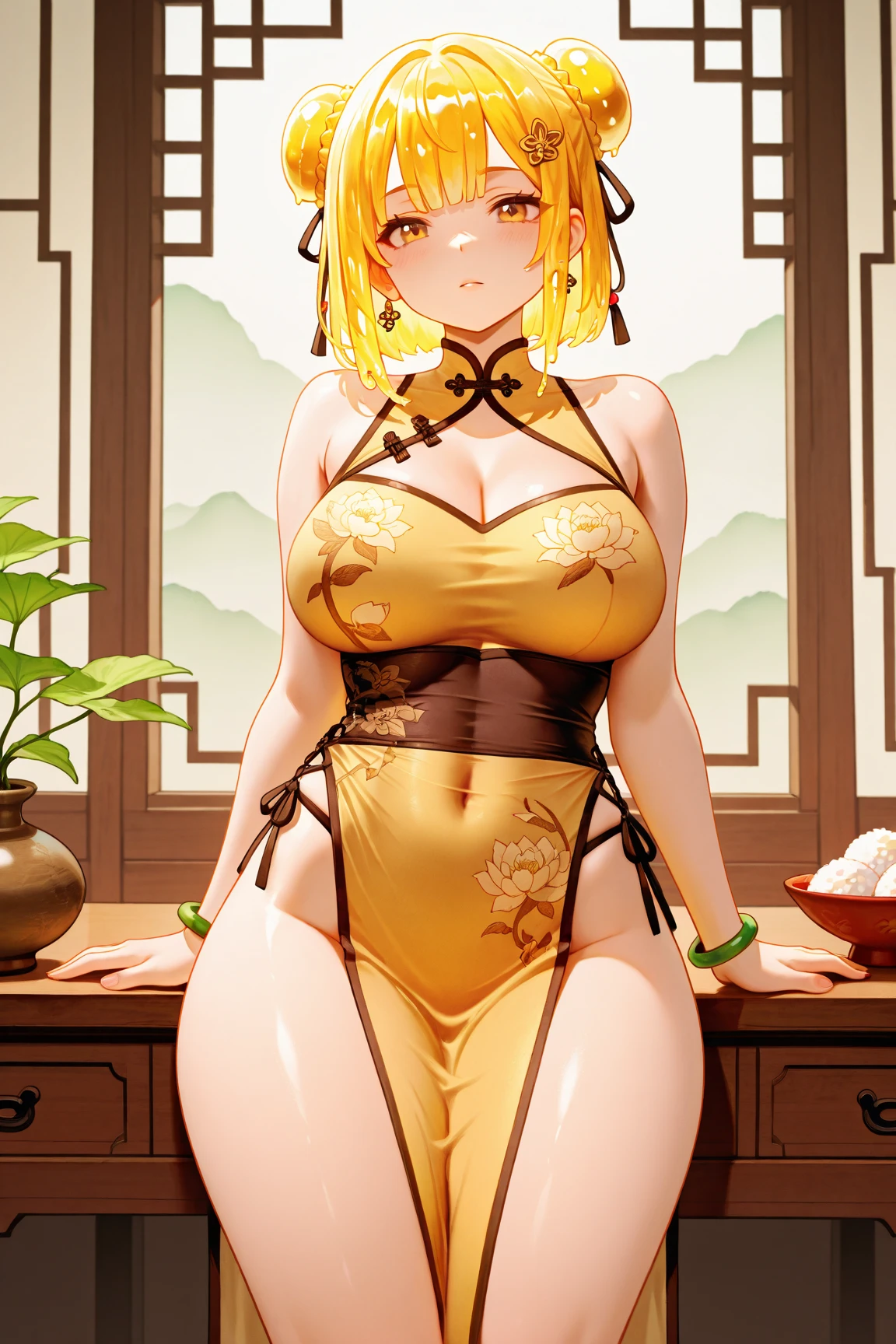 Girl with big breasts in exotic clothes, yellow hair