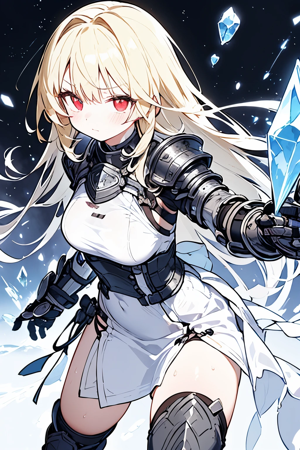 Beautiful girl,masterpiece, natural body,(white dress),complicated details ,pearly skin、(Blonde x clear red eyes),Advanced Technology,(Light Armor x Gauntlet x Armored Boots),technology armor,tranquil atmosphere、elegant,No expression,(Crystal x Tsubasa),