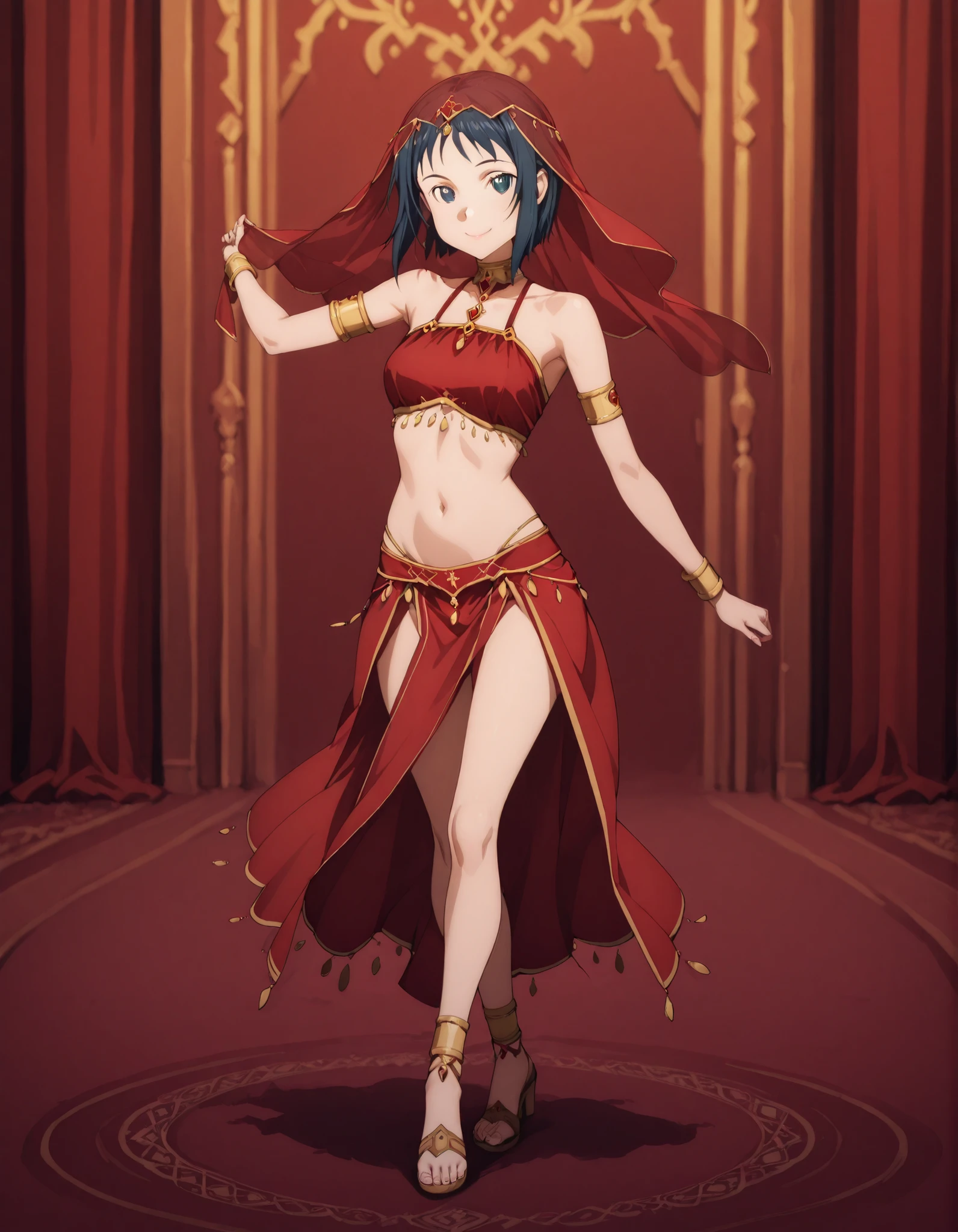 (1girl:1 . 5) , (Seul:1 . 5) , score_9 , score_8_haut , score_7_haut , source_anime , Official work , ultra-detailed , masterpiece , best quality selfie snapshot , high res , beaux yeux , detailed eyes , detailed face , beautiful detailed eyes ,Sword Art Online,Ronye Arabel,Arabian Clothes , Arabian Dancer ,belly dancer costume ,full body, golden jewelery,armlet, belly dancing,arabian theater, seductive smile, dancing with veil, dynamic movement,dance posture, seductive pose