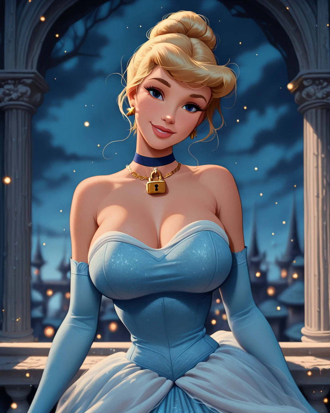 ((Cinderella from disney animated movies princesses series))(big glowing blue eyes)(bright red lips)) ((blonde hair tied up with bangs))(dark eyeshadows make up)(((very huge breasts))) (perfect slim body)((wears light blue dress with white ornaments)),(earrings, choker, head band, gloves)((posing sexy on castle entrance at night)) (high definition, dynamic illumination and shadows)((masterpiece))(8k)(perfect face)(best quality) (perfect hands and eyes)
