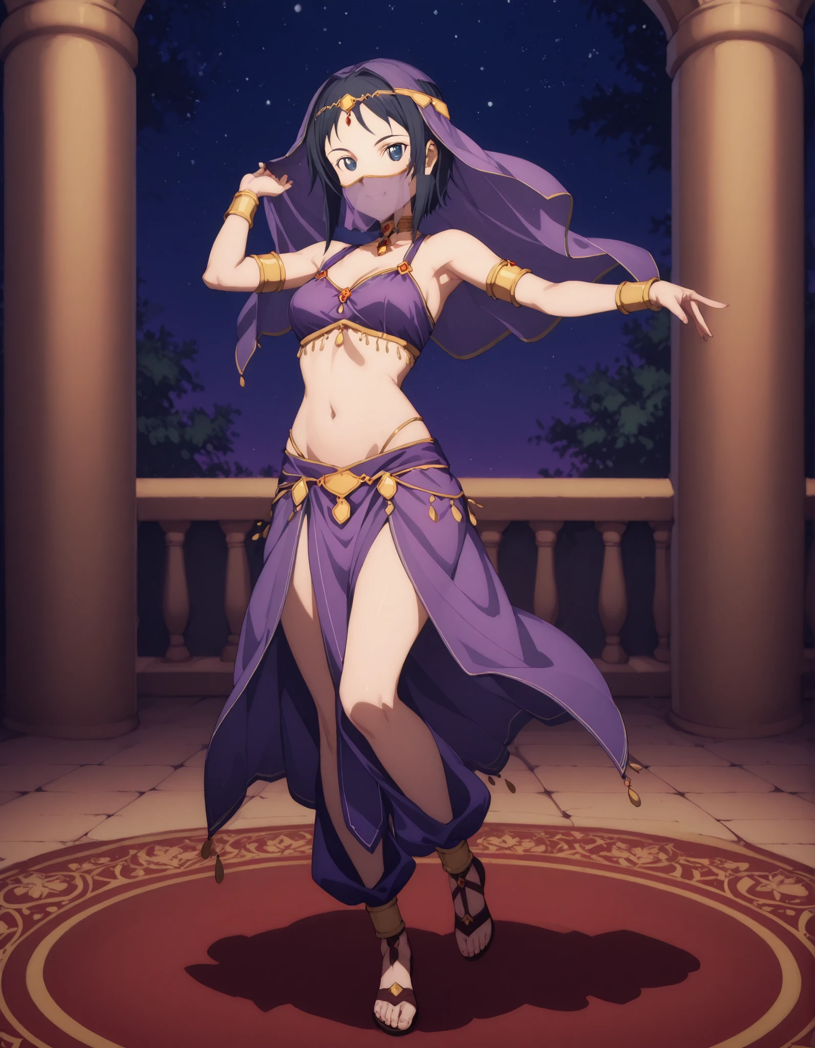 (1girl:1 . 5) , (Seul:1 . 5) , score_9 , score_8_haut , score_7_haut , source_anime , Official work , ultra-detailed , masterpiece , best quality selfie snapshot , high res , beaux yeux , detailed eyes , detailed face , beautiful detailed eyes ,Sword Art Online,Ronye Arabel,Arabian Clothes , Arabian Dancer ,belly dancer costume ,mouth veil,full body, golden jewelery,armlet, belly dancing,night,arabian garden, seductive smile, dancing with veil, dynamic movement,dance posture, seductive pose