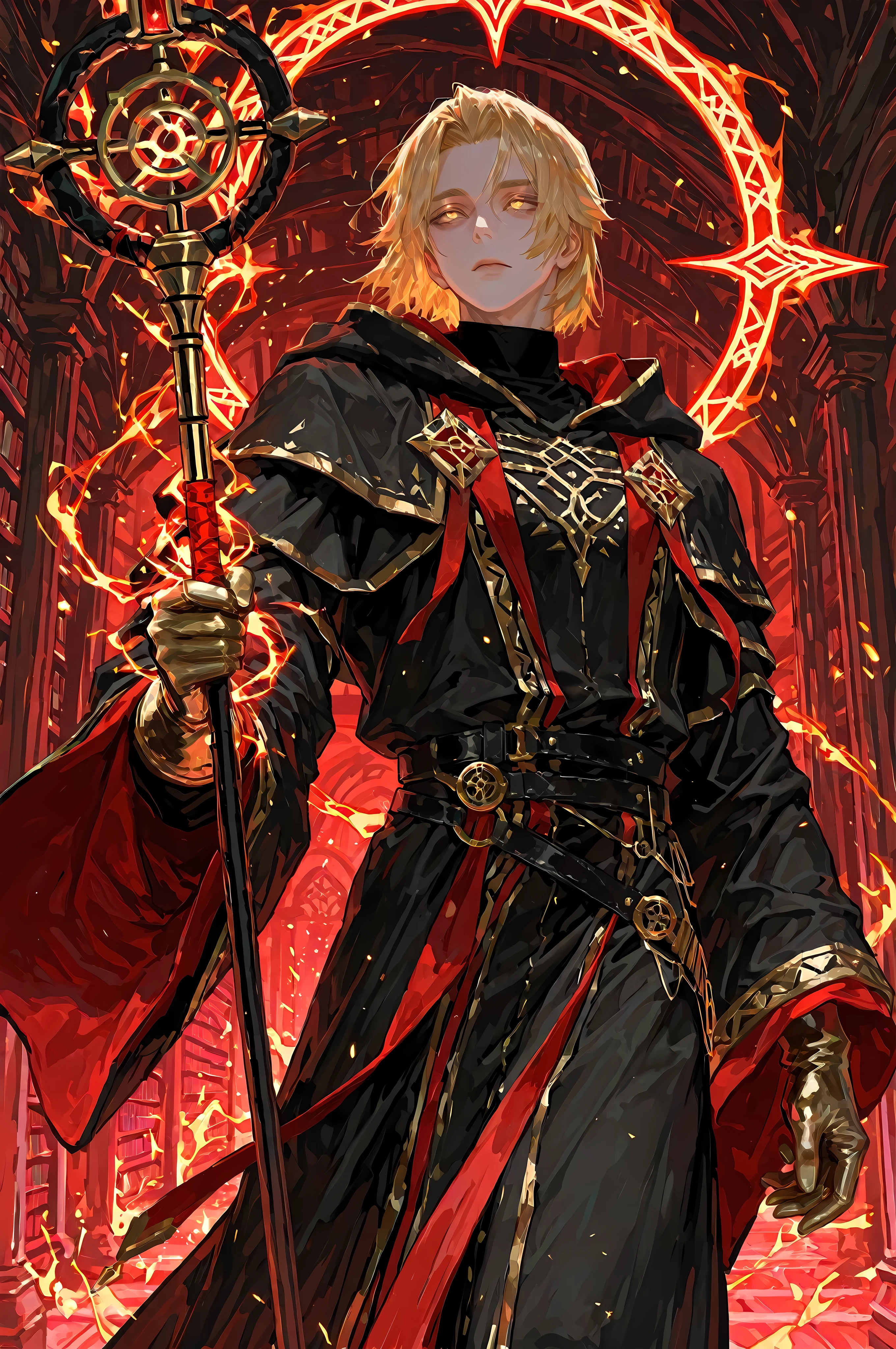 8k, beautiful masterpiece, looking ahead, alone, pale skin, Perfect Eyes shape, Athletic Build, ((He wears: long black robe with very wide sleeves and hood down, elegant black with red accents wizard clothing, black belt with golden buckle, pouches and scrolls attached to belt, golden Eye of Agamotto amulet, arcane gloves)), (((background is library, is emotionless and somber while holding 1 magic staff and channeling energy))), mature man, muscular, 1 man, male-centered, handsome man, handsome, short hair, blonde hair, Thick painted, golden eyes, Perfect Eyes, masterpiece, top quality, amazing quality, exquisite details, very detailed, semi-realism art, semi-realism art style