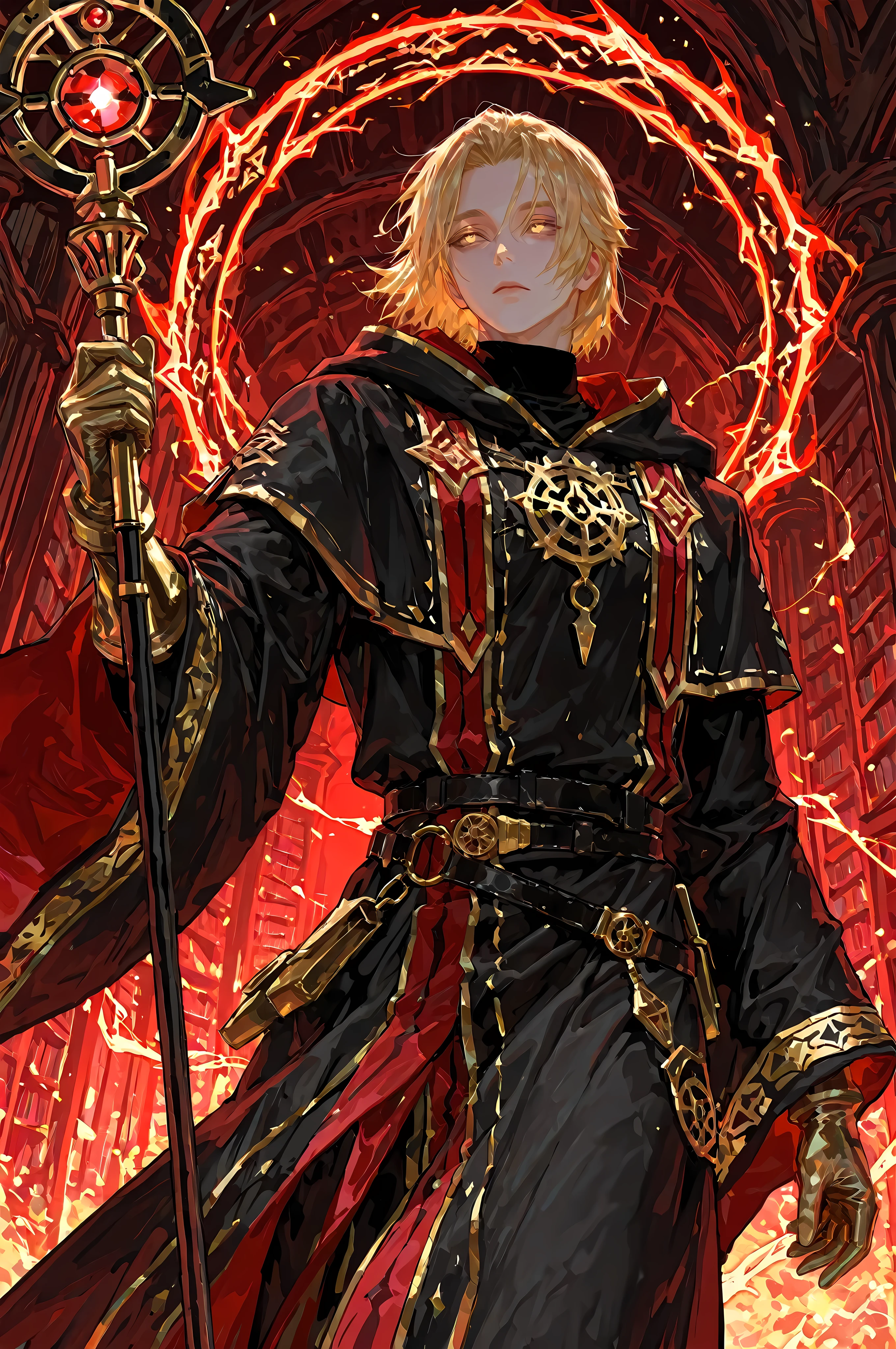 8k, beautiful masterpiece, looking ahead, alone, pale skin, Perfect Eyes shape, Athletic Build, ((He wears: long black robe with very wide sleeves and hood down, elegant black with red accents wizard clothing, black belt with golden buckle, pouches and scrolls attached to belt, golden Eye of Agamotto amulet, arcane gloves)), (((background is library, is emotionless and somber while holding 1 magic staff and channeling energy))), mature man, muscular, 1 man, male-centered, handsome man, handsome, short hair, blonde hair, Thick painted, golden eyes, Perfect Eyes, masterpiece, top quality, amazing quality, exquisite details, very detailed, semi-realism art, semi-realism art style