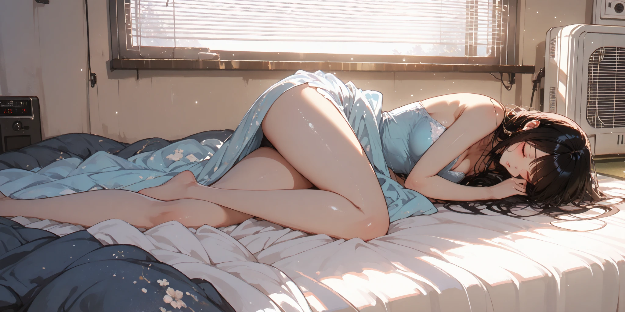 Hands grasping the sheets,Expression crying,In bed,cropped shoulders,Long legs,Blue double ponytail hair,Long legs,There are ankle rings on the feet