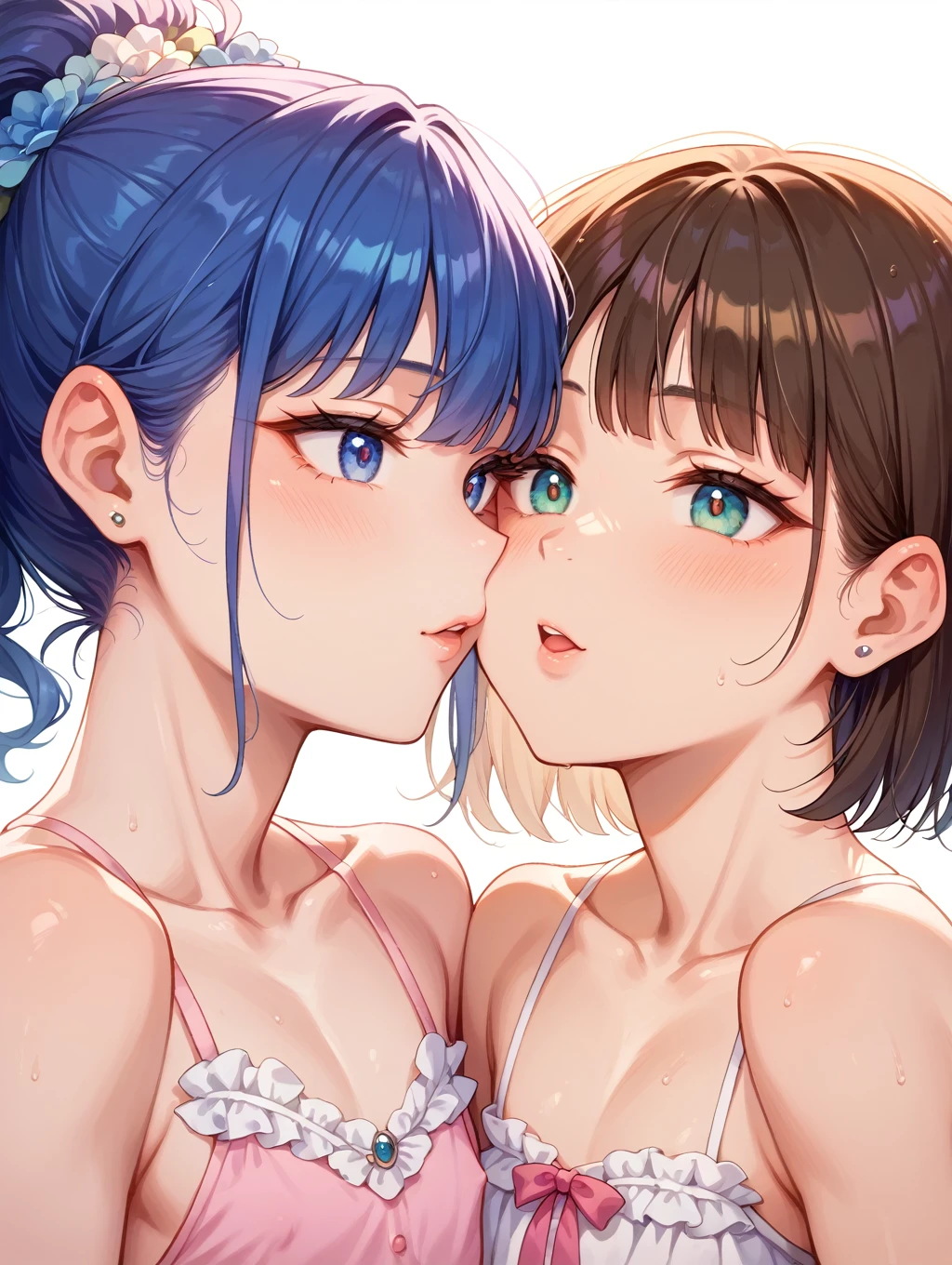 (masterpiece, best quality),female early twenties, sturdy, afro-caribbean, dark green eyes, receding chin with cleft, rounded forehead, triangle face shape, gothic makeup , blue choppy haircut hair, curiosity wearing hipster, velvet bralette, , embracing pose, embracing with a passionate look, conveying intimacy and connection, low-key lighting, dramatic shadows and subtle highlights, adding mystery and sensuality
