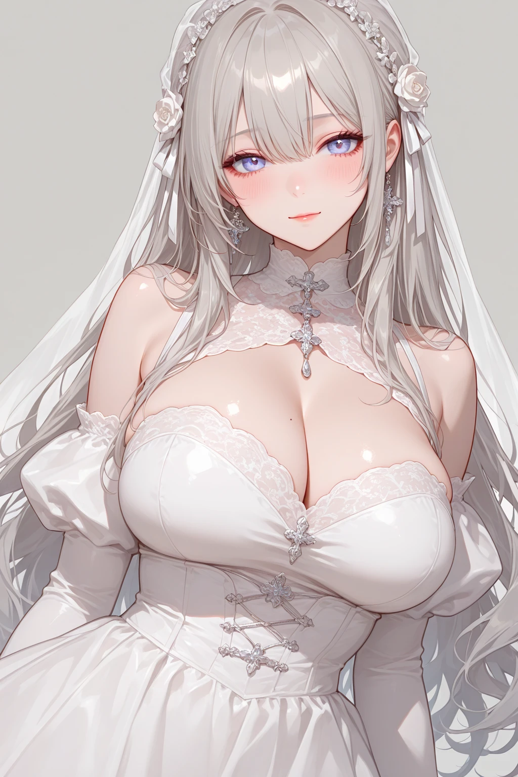 Silver Hair,Butterfly,Long white hair,White Wedding Dress,8k wallpaper,Detailed background,Maximum resolution,Deep V Big,hair covering one eye,Strapless wedding dress,Chis,White Rose,Tight, happy smiling