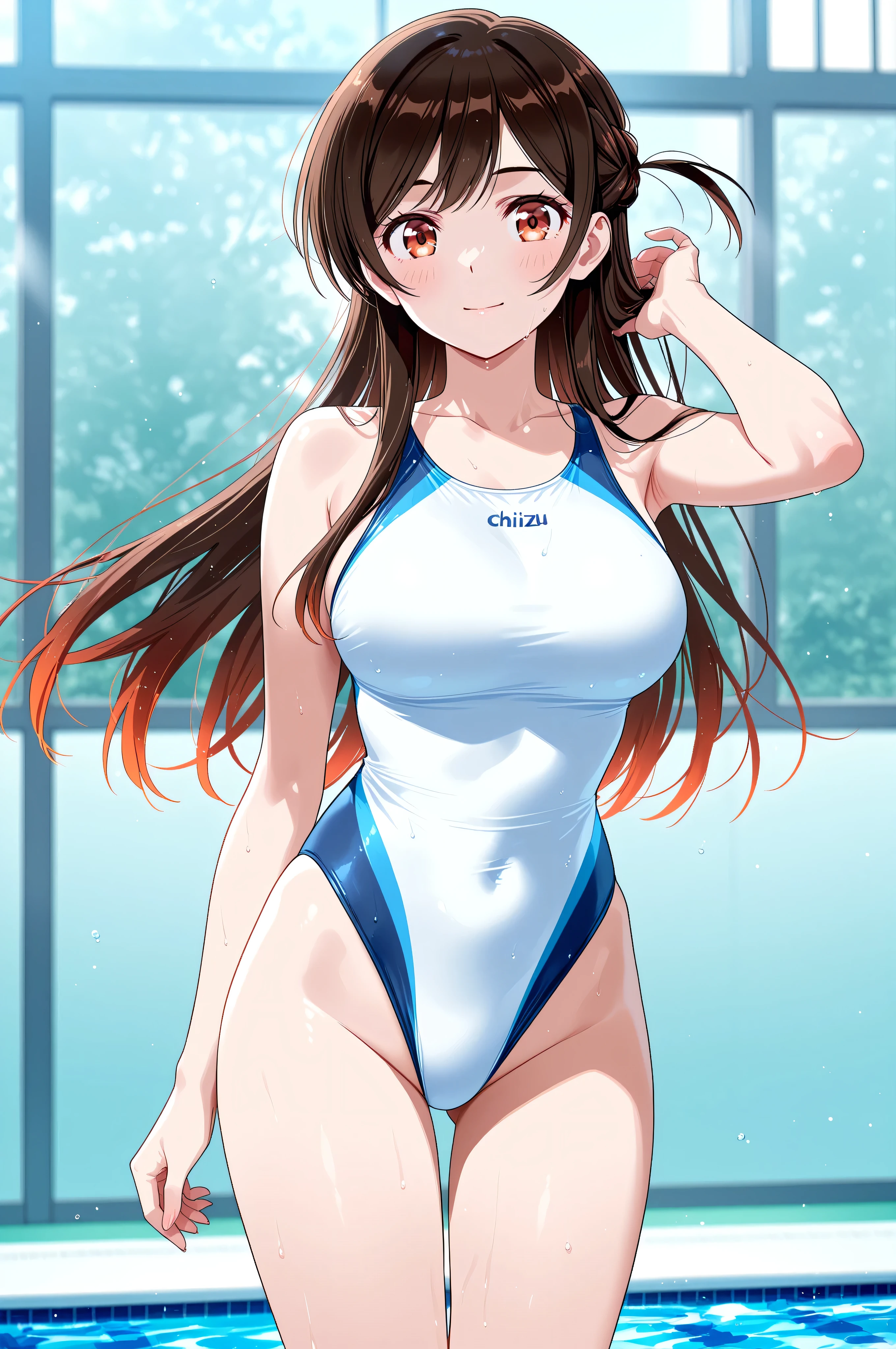 Reimu Hakurei, (Brown eyes:1.5), Brown Hair, bow, hair bow, Hair Tube, Long Hair, red bow, Side Lock, (((Slender body)))、(Navy school swimsuit)、Pool、View your viewers,blush、
Cowboy Shot,Smile Break (masterpiece:1.2), Highest quality, High resolution, unity 8k wallpaper, (figure:0.8), (Beautiful attention to detail), Highly detailed face, Perfect lighting, Highly detailed CG, (Perfect hands, Perfect Anatomy)