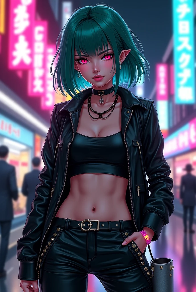 Coffee Dark Black skin, female, black hair with a green stripe, black lipstick, freckles, happy, rockstar, her bridal motif changes to a rocker one, and she has a black sleeveless dress with a green ruffled underskirt and black shorts, and a black and green leather jacket and thigh high boots. She has sblack spikes on her boots, and a black spiked collar, wrist cuffs, and headband, with black spikes down the center of her dress. She also has black biker gloves and a clover zipper pull on her jacket. Anime, fantasy