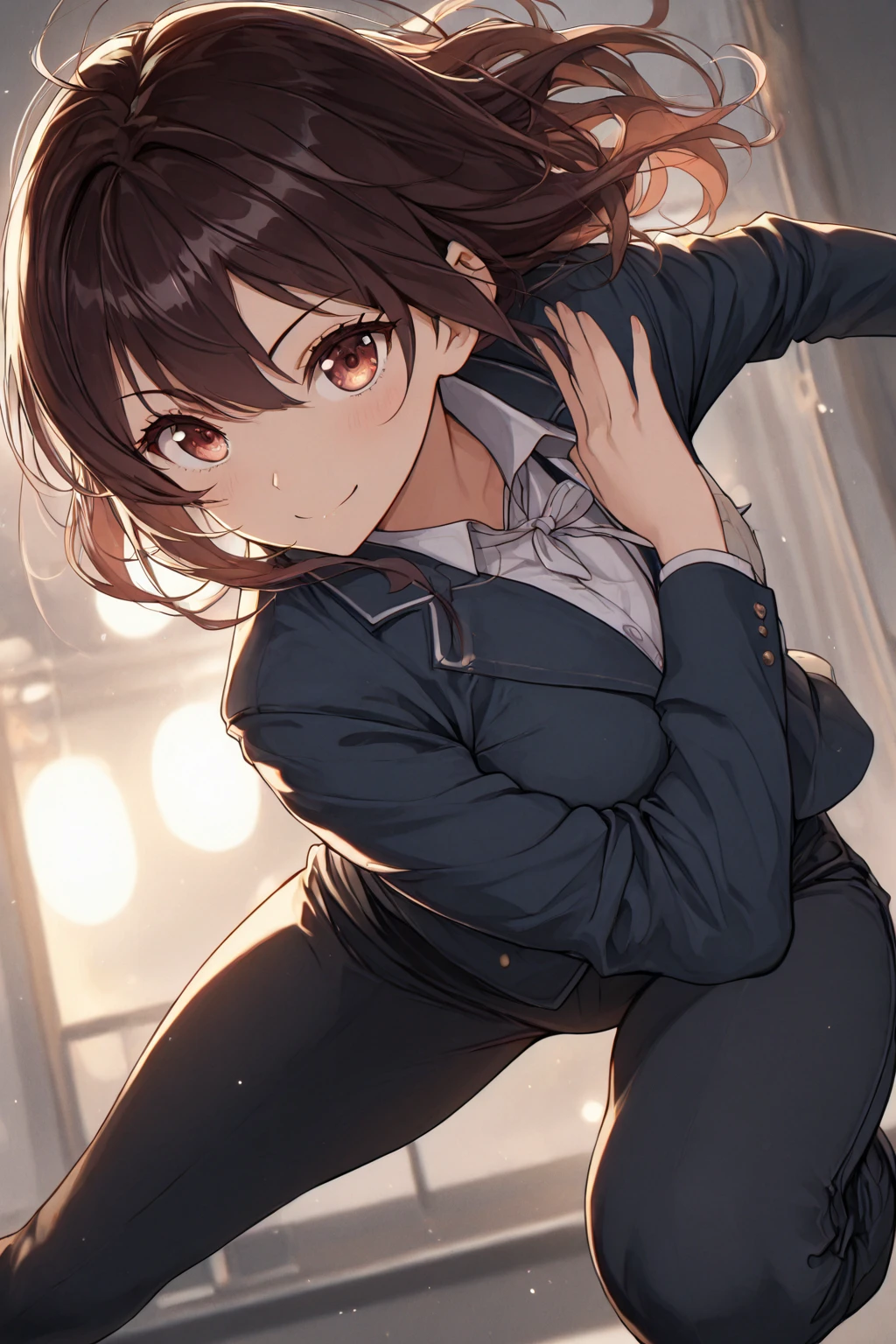 masterpiece,best quality,8k Illustration,Haibara Ai,Aoyama Gangsho style,Smooth lines,best quality,The finest details,Actress,Medium shot,The best background,Best quality,The brightest smile,Ultra Detailed,Best Illustration,The best shadow,Solitary,Uniforms, Black jacket,Light pink shirt inside, (jk brown skirt:1.2), Black knee socks, Looking at the audience, Put your hands behind your back,Small ,The best costumes,The most beautiful proportion,#11: Short Wavy Brown Hair,Brown hair with natural sheen,Deep and bright blue eyes,It seems to be able to people's hearts,Smile brightly,Send out positive emotions,Delicate skin,The texture is clearly visible,Lively expressions,As if about to jump out of the screen,Stylish looks,Exudes a sense of modernity,Dreamy atmosphere,Warm tones,Artistic and cartoonish,simple design,Lively,The character's smile and overall demeanor give off a friendly and approachable impression,Flowing hair,