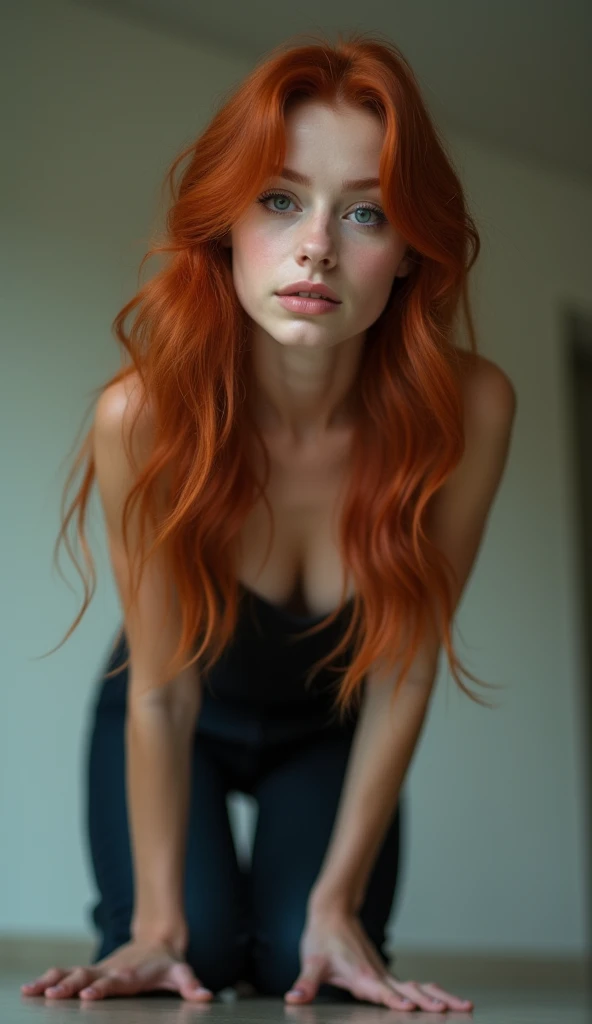 Create an image of the same stunning 20-year-old woman with long chestnut-red hair. She has a mixed heritage of Latin American and European roots, reflected in her warm, lightly tanned skin. Her figure is an hourglass shape, with a slim waist, well-defined hips, and a toned, athletic build. she sits on the floor and sucks a big dildo penis