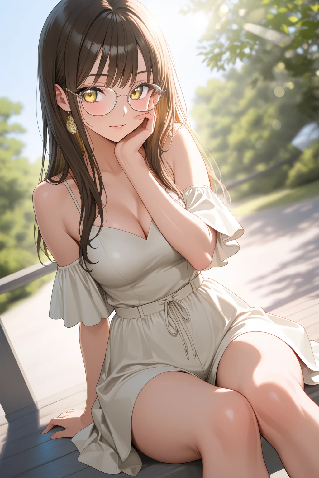 (masterpiece:1.3, top-quality, ultra high res, ultra detailed), (realistic, photorealistic:1.4), beautiful illustration, perfect lighting, natural lighting, colorful, depth of fields, (nsfw), surrealism,
beautiful detailed hair, beautiful detailed face, beautiful detailed eyes, beautiful clavicle, beautiful body, beautiful chest, beautiful thigh, beautiful legs, beautiful hands, cleavage, slender, 
looking at viewer, (face focus, full body) 1 girl, 15 years old, perfect face, cute and symmetrical face, (perfect anatomy, anatomically correct, super detailed skin), shiny skin, 
(middle hair:1.4, wavy hair:1.2, light brown hair), parted bangs, dark green eyes, long eye lasher, (medium breasts, small ass, thin thighs, seductive thighs), nipple hardening, 
(cardigan, skirt), , high heels, necklace, small earrings, outstanding style, eyes of minute description, detailed depiction of faces, 
(beautiful scenery), (forest), (hugging knees:1.3), (extremely sexy, seductive smile, upper eyes, parted lips),  