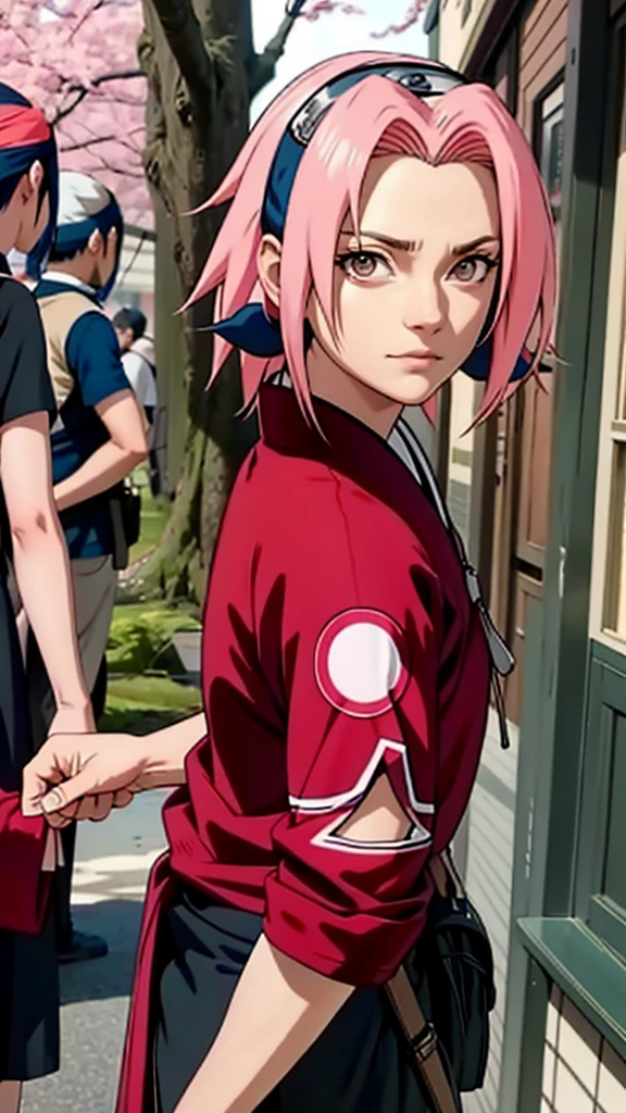 IzunaCzar, (short hair, pink hair, green eyes, goggles), (red ninja clothes, ninja, fishnet, fishnet legwear, black spandex shorts, shuriken), (standing, temple), (masterpiece:1.2), hires, ultra-high resolution, 8K, high quality, (sharp focus:1.2), clean, crisp, cinematic,<lora:Izuna-15:0.7>
