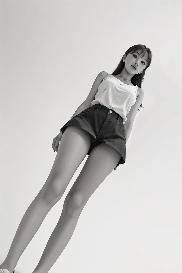 A girl, 18yo, cute smile girl, ((oversized T-shirt)), (gray soft cotton short pants), ((thick thighs)), black pixie cut, huge breasts, in wooden floor school gym, half open mouth, (standing, view from front), full body shot, (barefoot)