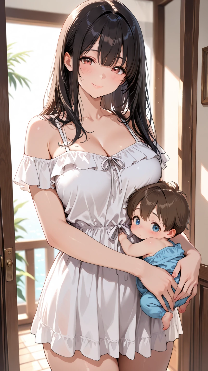 (Best Quality, 8k, 32k, Masterpiece, UHD:1.3), (Photo of Attractive Japanese Woman with small  nine years old son ), 1 Girl with 1boy, (super huge Boobs squeezing  small son :1.2), (short wavy hair), Abs, Perfect Body, Ultra Detailed Face, Detailed Lips, Fine Eyes, double eyelids, pajamas, on the bed, (seductive), ((aroused:1.5)), ((areolae slip)), mom  seducing and touching young son