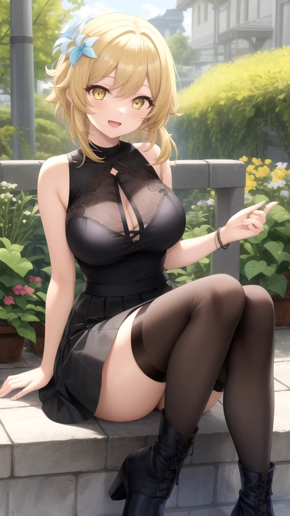eririspencer, eriri sawamura spencer, blonde hair, blue eyes, blunt bangs, hime cut, long hair, full body, full pose, ((medium BREASTS)), happy face, teeth, Grimace, ((sitting on rock)), ((crossed legs)), BREAK, black skirt, ((black pantyhose)),((armpits)),((hands behind head)), pleated skirt, ((black lace bra)), skirt, zettai ryouiki, BREAK ((looking at viever), ((school shoes)), BREAK, ((playground background)), BREAK (masterpiece:1.2), best quality, high resolution, unity 8k wallpaper, (illustration:0.8), (beautiful detailed eyes:1.6), extremely detailed face, perfect lighting, extremely detailed CG, (perfect hands, perfect anatomy),