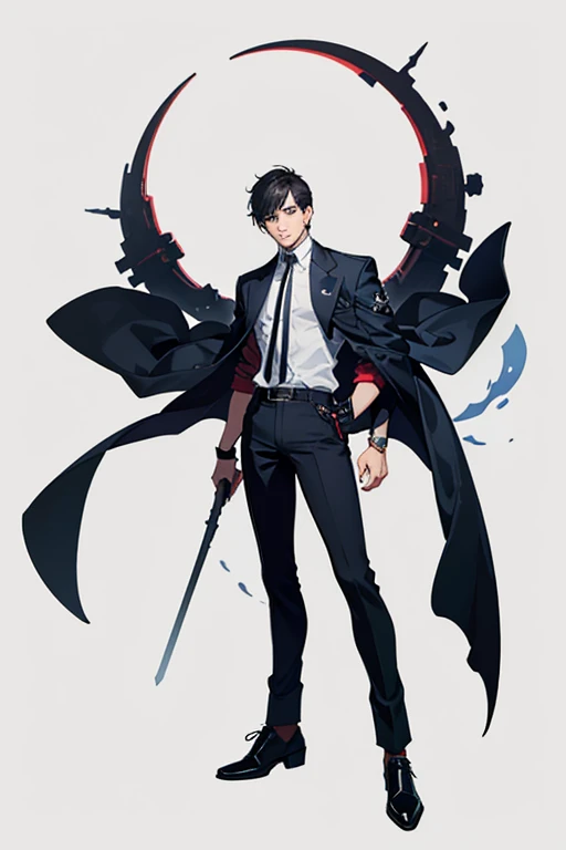 One woman,Dynamic,whole body,Are standing,mysterious,Concept Art,Character Design,Jet black straight hair,The bangs are trimmed to accentuate the eyes.,Well-proportioned face,Sharp Eyes,White shirt,Black tie,Black slacks,Silver cufflinks on the left hand,On the ring finger of her right hand she wears a simple silver ring.。Luxury watches,Black leather shoes,beltでウエストラインを強調,Stylish,Red eyes,belt,Stylish,Simple background gray,Details,Okabo Hair,Half-open eyes,Cool appearance,,Black gloves,Short Hair,Narrow eyes,Accentuated body lines,Has a sword on his waist,