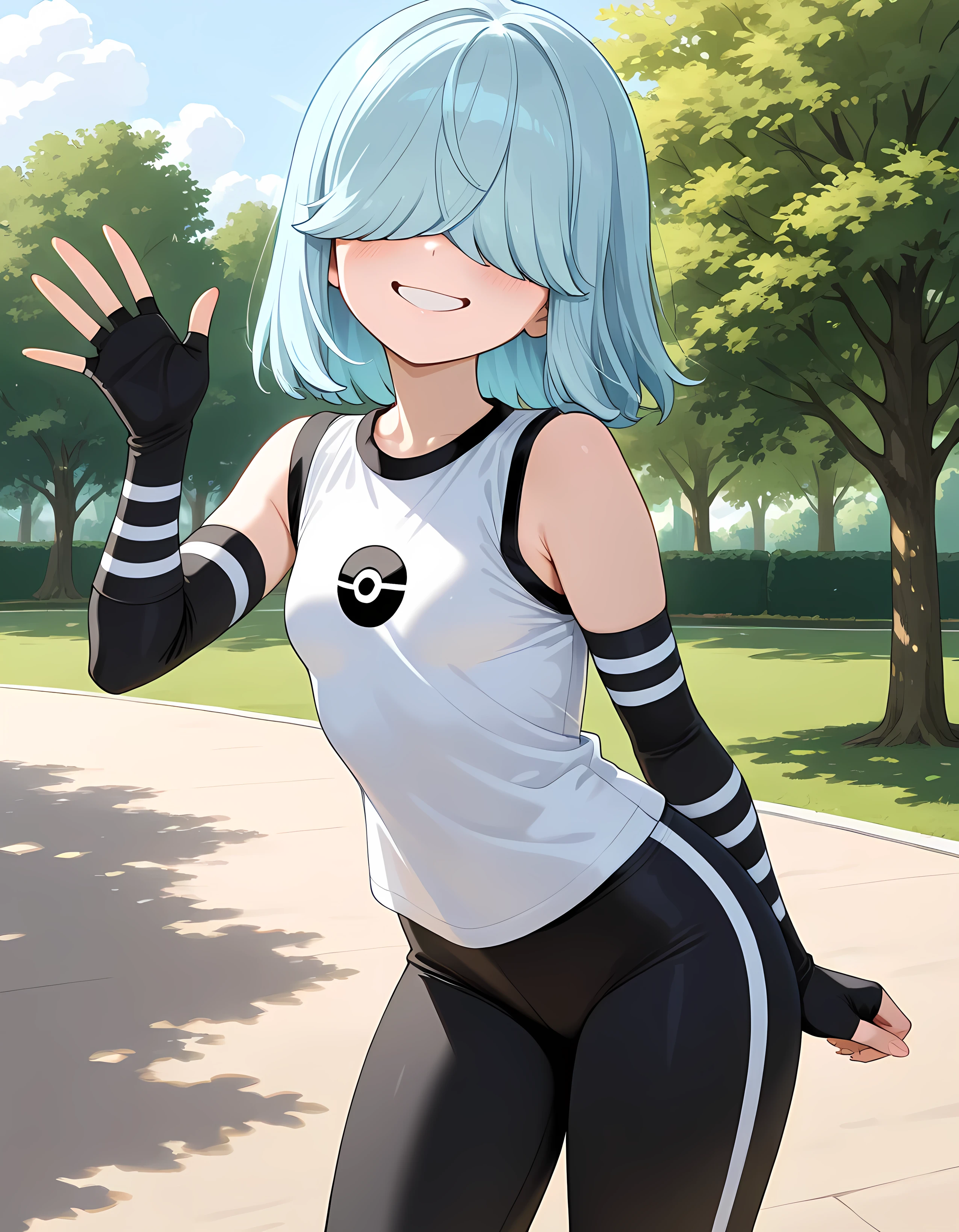 masterpiece, best quality, high resolution, very detailed on trends, solo, Lucy Loud, young woman, light blue hair, face covered by hair, face completely covered, hair covering eyes, black blouse underneath, pair of black gloves with black and white striped fingerless sleeves, leggings, smiling, park, waist up, white sleeveless t-shirt on top, standing, medium breasts, detailed lips, perfect lips, facing the viewer, waving,pokegirl, pokemon trainer clothes, pokemon gym in the background,