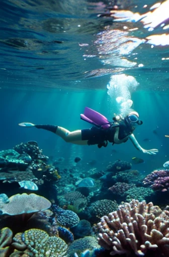 A goddess in a batik pattern suit, sea diving, swimming, under water, fishes and colourfull corrals as a background, detailed detail, real skin texture, long shot photography, masterpiece.