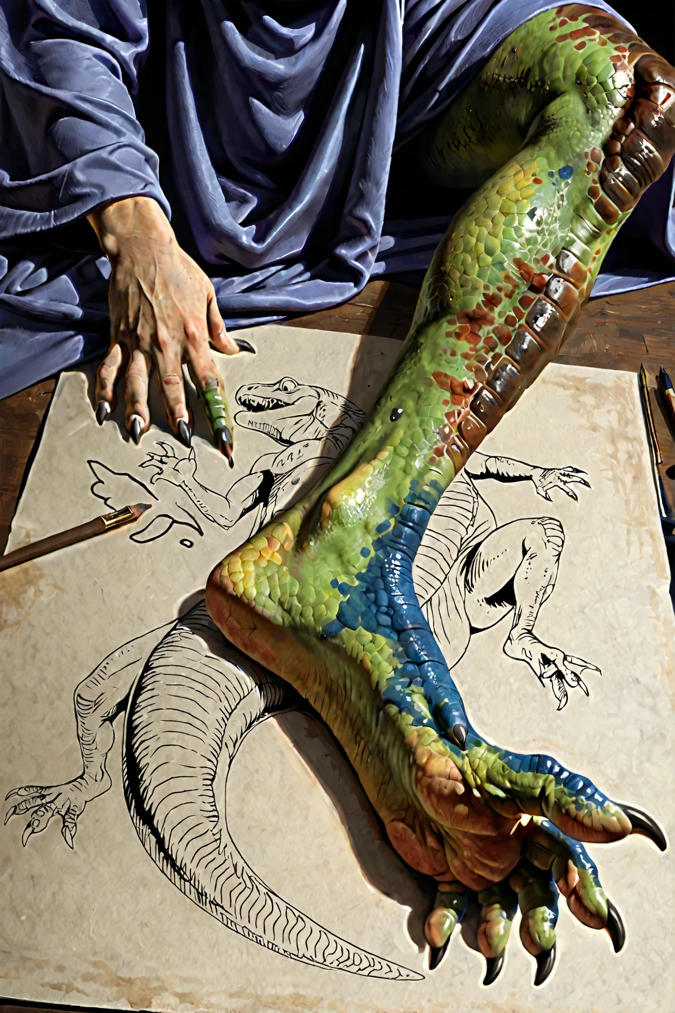 closeup scale foot, ultra closeup foot, laying, furry lizard: 1.1, human morfing into lizard, mid transformation, transfur, robes, simple background, fine painting, linear, drawing, 