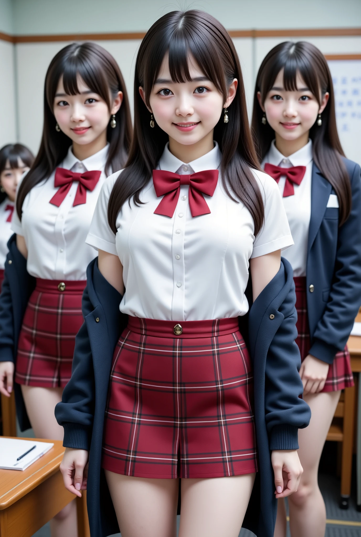 (extremely detailed, score_9, score_8_up, score_7_up, very detailed, detail, sharp focus, 8k uhd),{{ Petite and very young Japanese girl:18 years old}}, ((Full body photo, My Thighs Are Not Covered))), {happy smile, detail face description,  detailed eye description, Big eyes with double eyelids}}, Thick Lips, black hair, black pupils, young woman standing in the classroom, white bra and panties in a blouse with a red bow on the chest and a red checked skirt, BREAK,{ The image on the left is 、in a blouse with a red bow on the chest and a red checked skirt、is wearing a dark blue blazer}}, (((2 photos of the same woman wearing the same pose))), Very Stunning, depth of field photo,