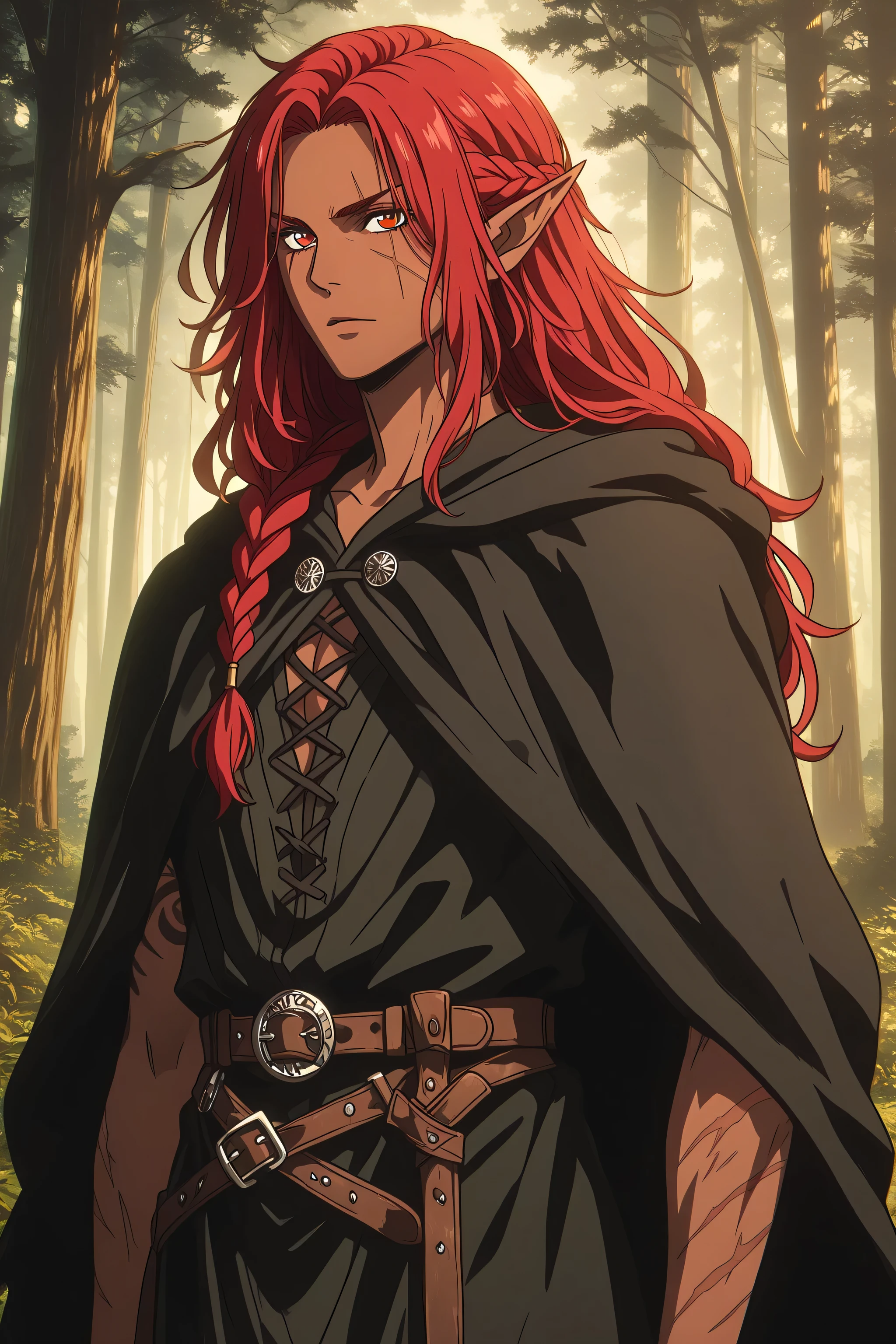 A dark-skinned drow elf with red hair, scar on the left cheek, a braid on the right side, dressed in natural druidic leather clothing and a cloak. His arms and face are covered with intricate and brilliant druid tattoos. The style is mystical and fantasy-themed, with forest elements subtly incorporated into the clothing. The setting is a forest clearing with magical light filtering through the trees. High detail, cinematic lighting, fantasy concept art style.