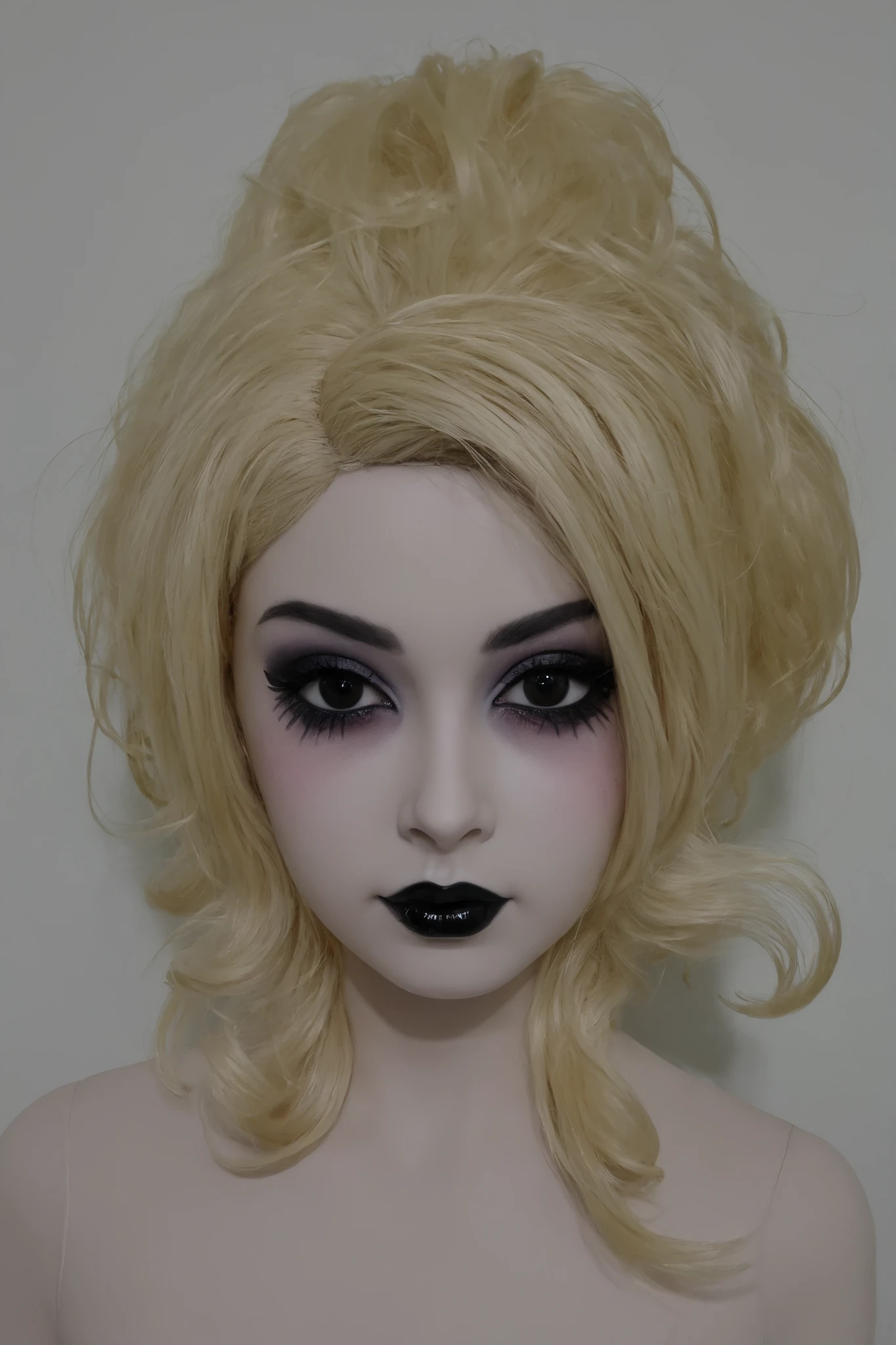 female blow-up inflatable doll, portrait enface, beautiful human-like, cute adult adorable, plain background, fake artificial hair, fake goth makeup