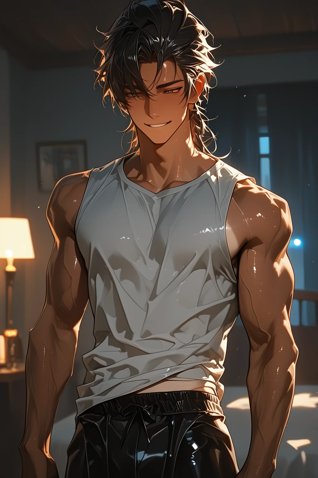 a  22-year old male wearing jeans, cute, handsome face, six-pack abs, beautiful body, well-defined body, sweat-drenched, soaking wet, drenched with sweat, sweating profusely, soaking wet with sweat, exhausted, panting, lying on the floor, hands on the head, tired smile
