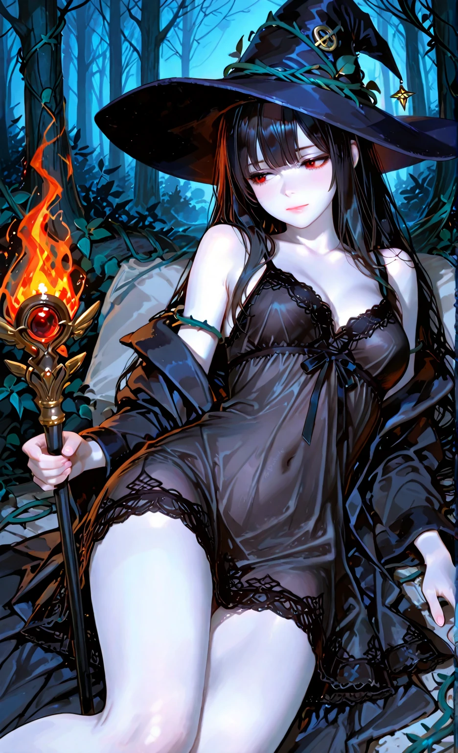 Masterpiece, highest quality, high resolution, solo, large breasts, thick thighs, red eyes, pale ivory skin, long hair, dark brown hair, vampire, gothic, night, stars, illuminating light, nature, at night, full body