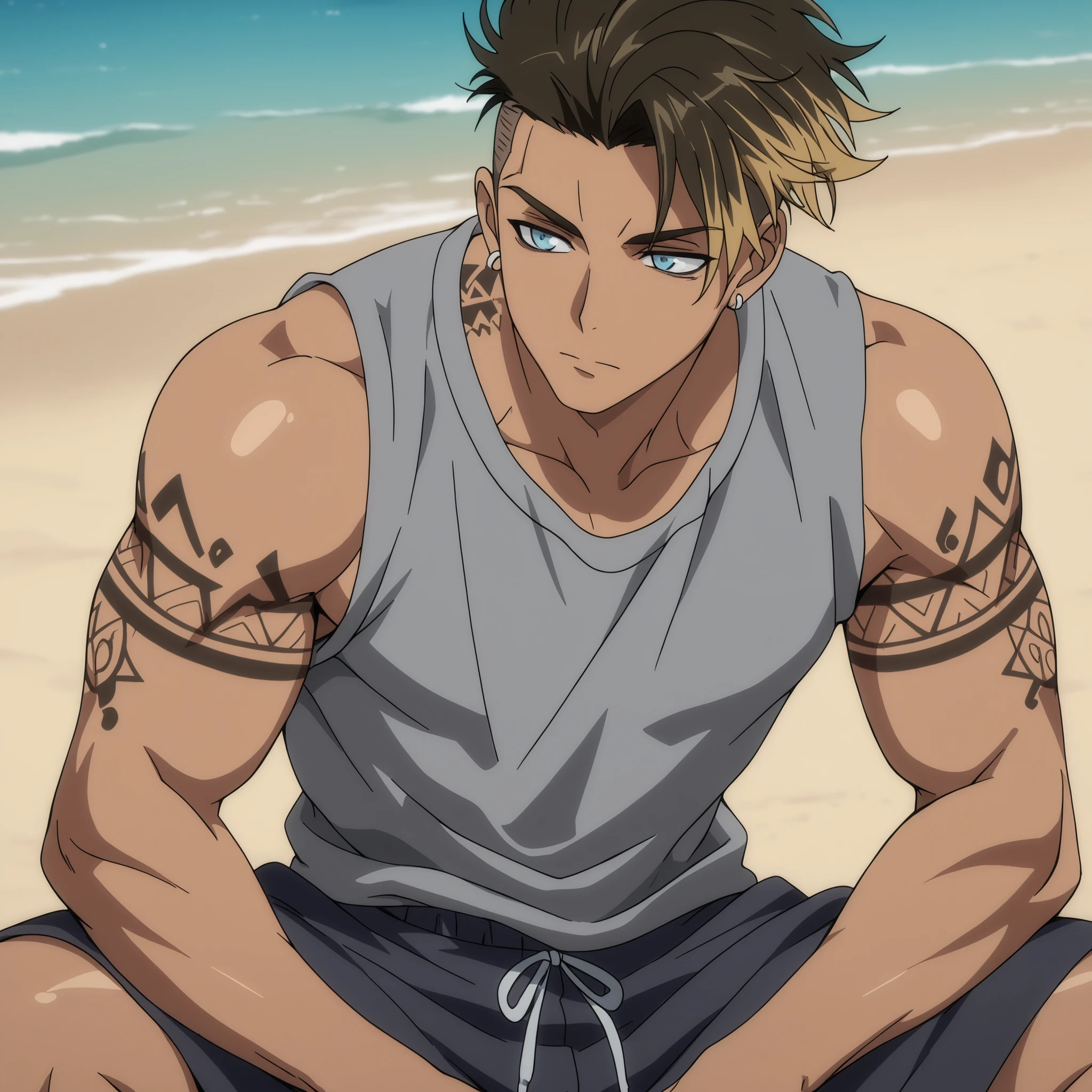 masterpiece, 4k , highest quality, simple, 1boy, light blue eyes, chiseled, wide shoulders, cool, handsome, dark blonde hair, messy dark blonde hair style in an undercut, wearing a grey t-shirt with a slightly muscular body, earrings, sitting on a beach in hawaii, visible tattoos on neck and arms, wearing swim trunks, solo focus, solo male, close up