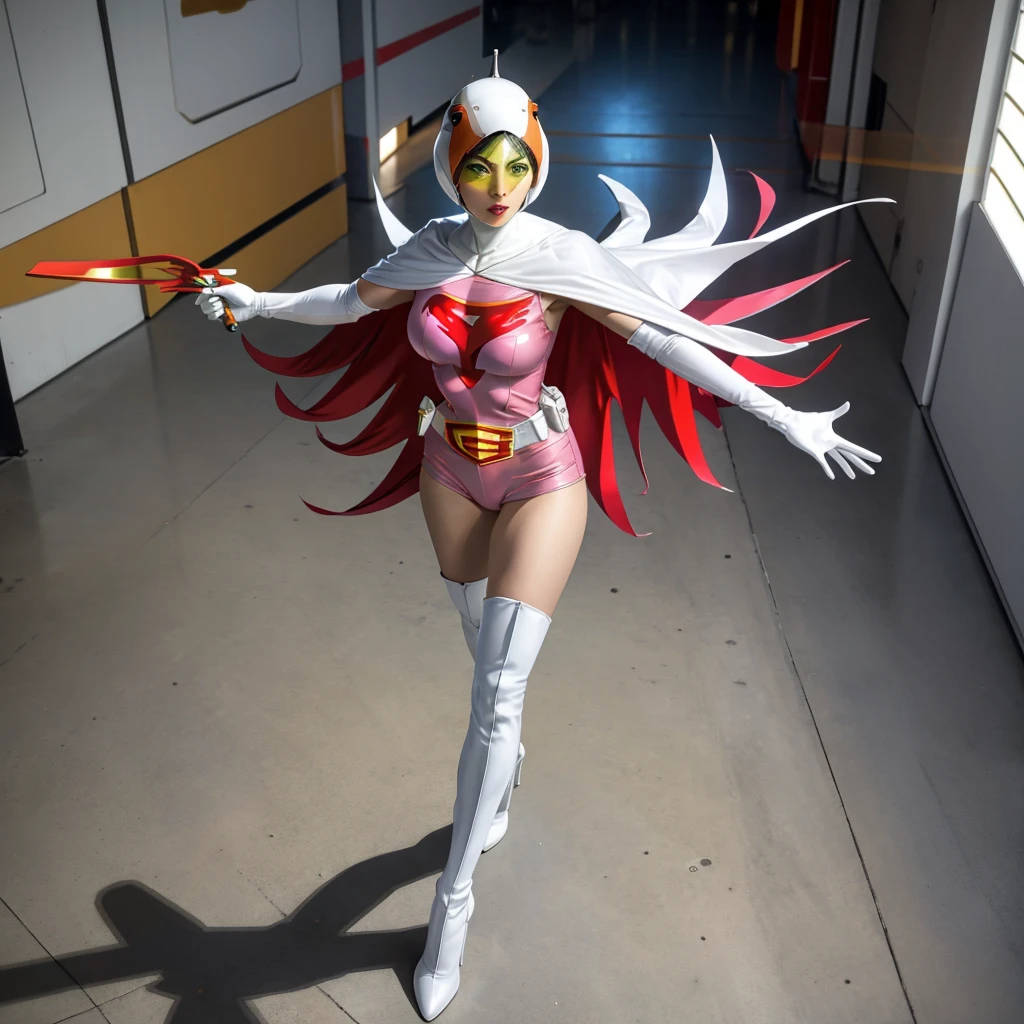 ANI_CLASSIC_jun_gatchaman_ownwaifu,1girl, 15yo,good anatomy, masterpiece, best quality,realistic, hyperrealistic, 16k hdr, long hair,breasts,green eyes,lips,large breasts,lipstick,makeup,gloves,cape,helmet,belt,elbow gloves,white gloves,mask,ultra miniskirt,leotard,spacesuit,white tight overknee highheels boots,pink dress,superhero,bodysuit,cleavage,erected nipples,(sexy pose,view from below),(spread legs:1.1),cameltoe