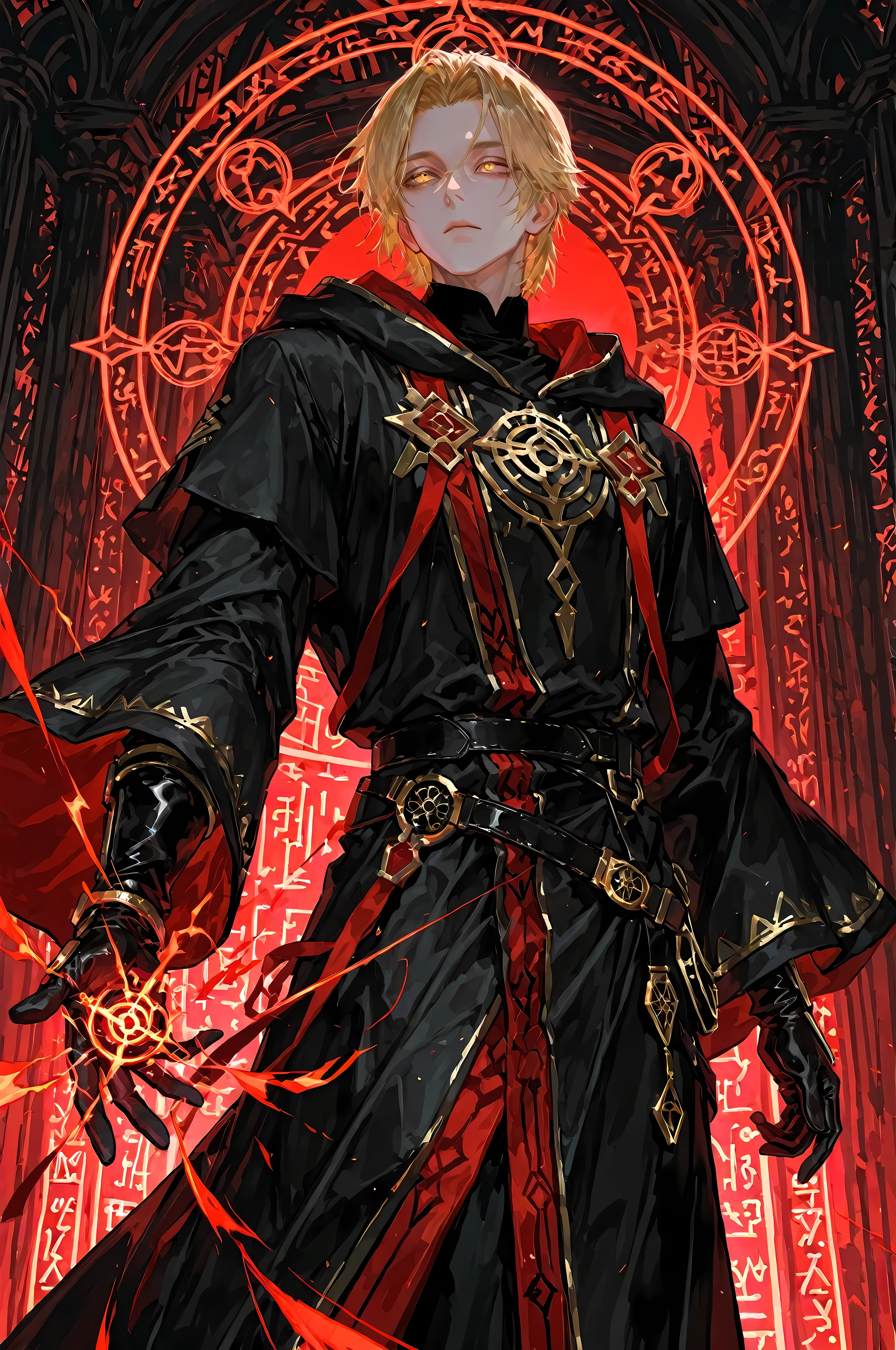 8k, beautiful masterpiece, looking ahead, alone, pale skin, Perfect Eyes shape, Athletic Build, ((He wears: long black robe with very wide sleeves and hood down, elegant black with red accents wizard clothing, black belt with golden buckle, pouches and scrolls attached to belt, golden Eye of Agamotto amulet, arcane gloves)), (((background is library, is emotionless and somber while casting a spell via magic sigils and glyphs))), mature man, muscular, 1 man, male-centered, handsome man, handsome, short hair, blonde hair, Thick painted, golden eyes, Perfect Eyes, masterpiece, top quality, amazing quality, exquisite details, very detailed, semi-realism art, semi-realism art style