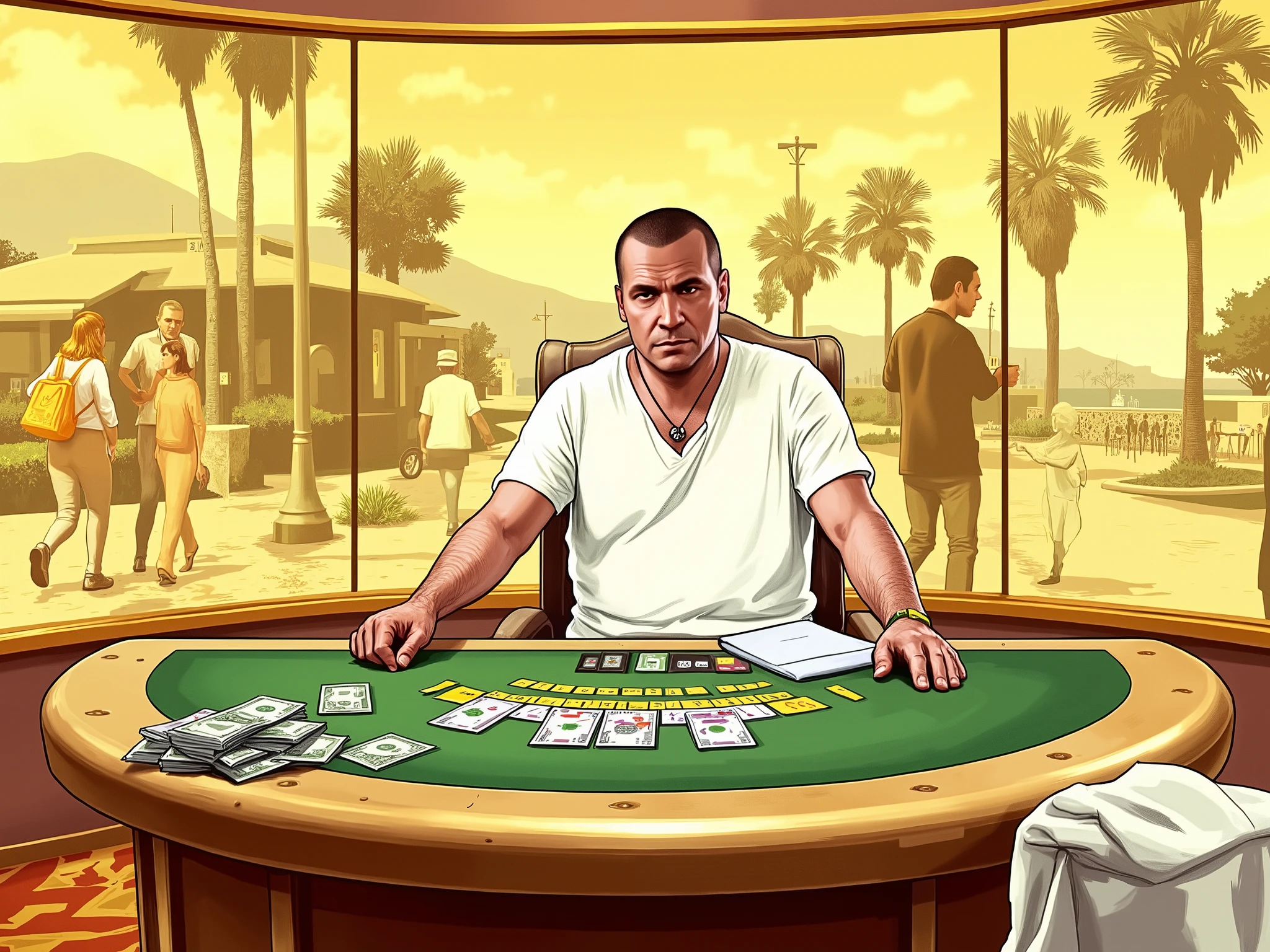(GTA drawing style), wallpaper inside a control room in a casino, with a large window showing the casino with people and games, place where the boss is, table with money, VIP room, white and yellow tone