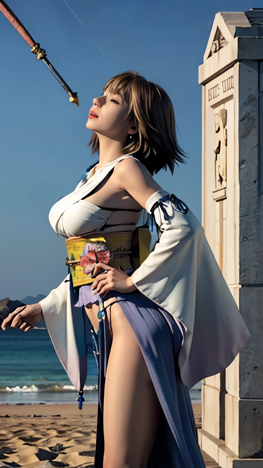 ((( carefully depict the limbs based on perfect anatomy))),low angle bust up 8K is attractive for shooting with a wide-angle lens from the side {x} a very beautiful girl with 8 heads raising her chin at the edge of a tropical white sandy beach, with her palm in front of her chest as a base that carefully draws her hands and feet{ x} Is, Cross your fingers , The, Pray to the sky,big breasts,Beautiful Breasts, tight waist , Pull up your chest,with thin pleats ,((( with a nice butt that sticks out even when wearing a hat ))), serious prayer , Blue Sky,Alone, gem, Detachable Sleeves , necklace, blue beaded earrings, Perfect hands and feet ,Yuna FFX, Ultra High Definition,8K photorealistic ,very detailed, Detailed Color, cute woman,(masterpiece, high quality ), looks up at the sky , Gorgeous Goddess , Bob Cut, shiny skin,charming, magic,dreamy,((Thick bangs)),(( muscular thighs,Protruding Buttocks, perfect proportions with spikes)), Highlight your butt ,hakama with beautiful leg creases , Libraries ,