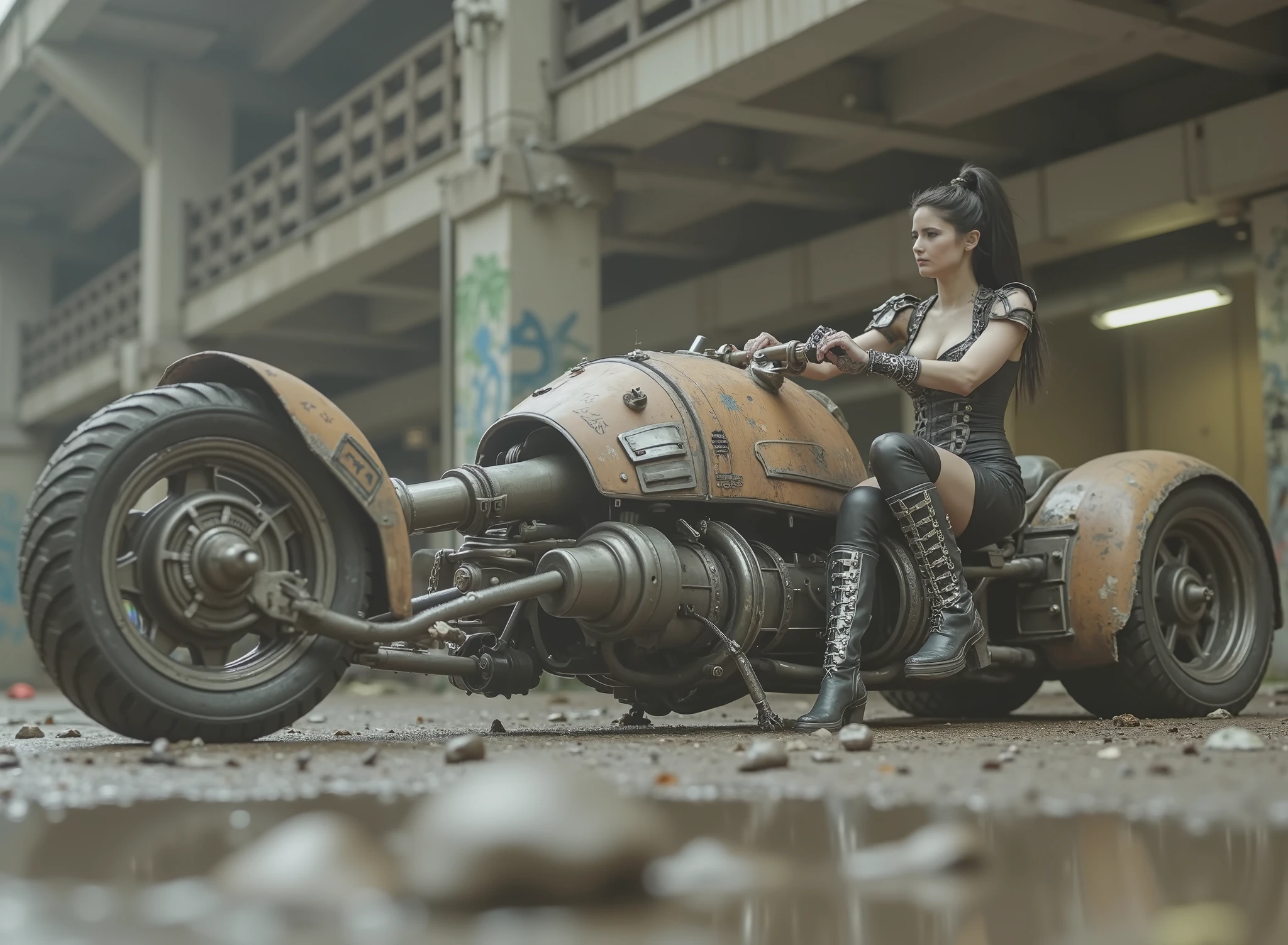 The image shows a desolate scenario with a woman, } leaning forward and taking the handlebars to adapt to speed on a uniquely designed motorcycle that embodies a steampunk or post-apocalyptic aesthetic. The motorcycle is sturdy, It has only 2 all-terrain wheels, with a mix of exposed mechanical components, are evident such as large barrels and intricate pipes,  with a dark distressed palette of rusty colors with saturation and graffiti that hints at its robust durability. The woman, dressed in a striking and small sensual and gothic leather outfit with corset and miniskirt, straps and chains as well as punk jewelry, industrial calf-length boots and parts of rusty armor, radiates confidence with her miniskirt. Her outfit suggests a rebellious and daring style wearing lots of punk silver jewelry and showing off her Aztec tattoos, to complement the intense environment. The desolate and industrial dark industrial background,  which contrasts with the elegance of the motorcycle. The ground is wet, possibly due to the recent rain, that reflects light and that contributes to the changing environment of the scene with flickering lights and sparks of the machinery. Elements of dirt and decay are evident, but the composition retains a sense of dynamic action and adventure.