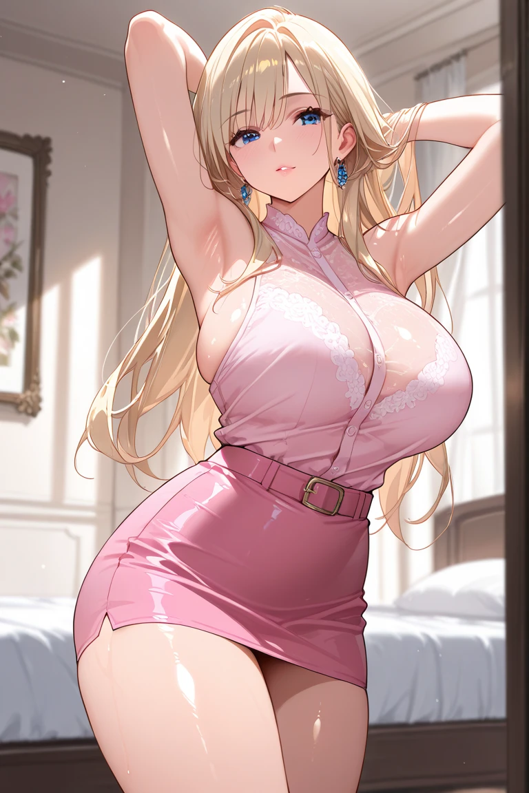 An extremely beautiful stunning woman with a perfect busty body, gold blonde long silky hair, big blue eyes, extremely super bright snow white fair stunning flawless glowing lush shiny flawless white skin, a perfect tight hourglass figure, and a skinny waist, sexy thick smooth luscious legs and thighs, extremely cute smile on the face, bright pink blushes on cheeks, wearing a short revealing skimpy pink loose night robe, white slippers, gold necklace on the neck, gold anklets on feet, gold chain on the waist, standing straight, holding a red roses bouquet, hallway in the background, show full body from head to feet.
