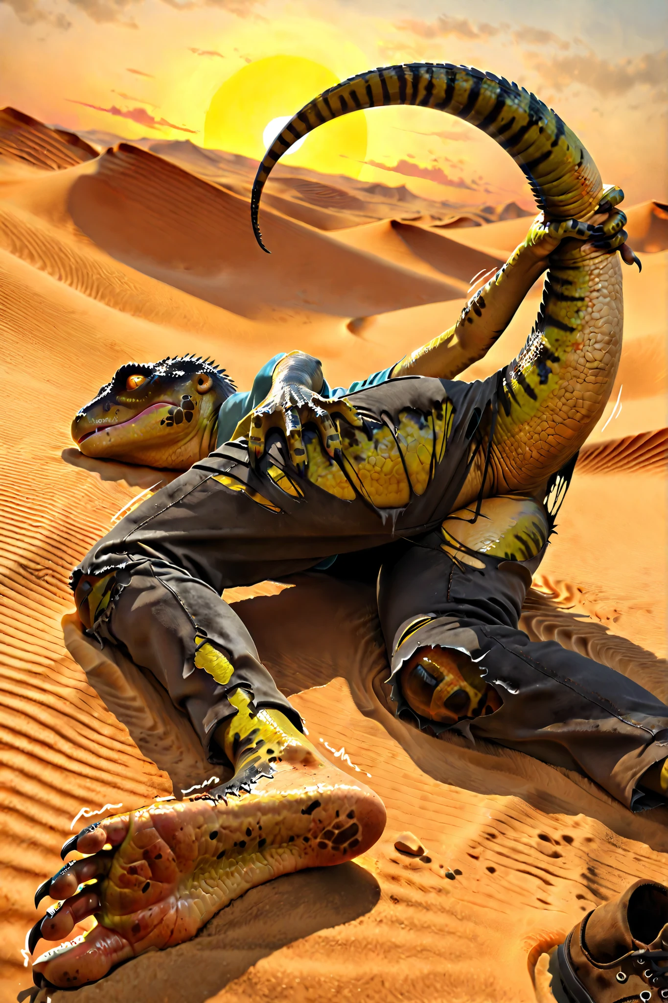 closeup scale foot, high angle view, ultra closeup foot, laying, lizard: 1.1, grabbing tail, human morfing into lizard, mid transformation, transfur, torn casual clothes, torn shoes, shaking, sand, desert, sunset, warm colours, fine painting, linear, 