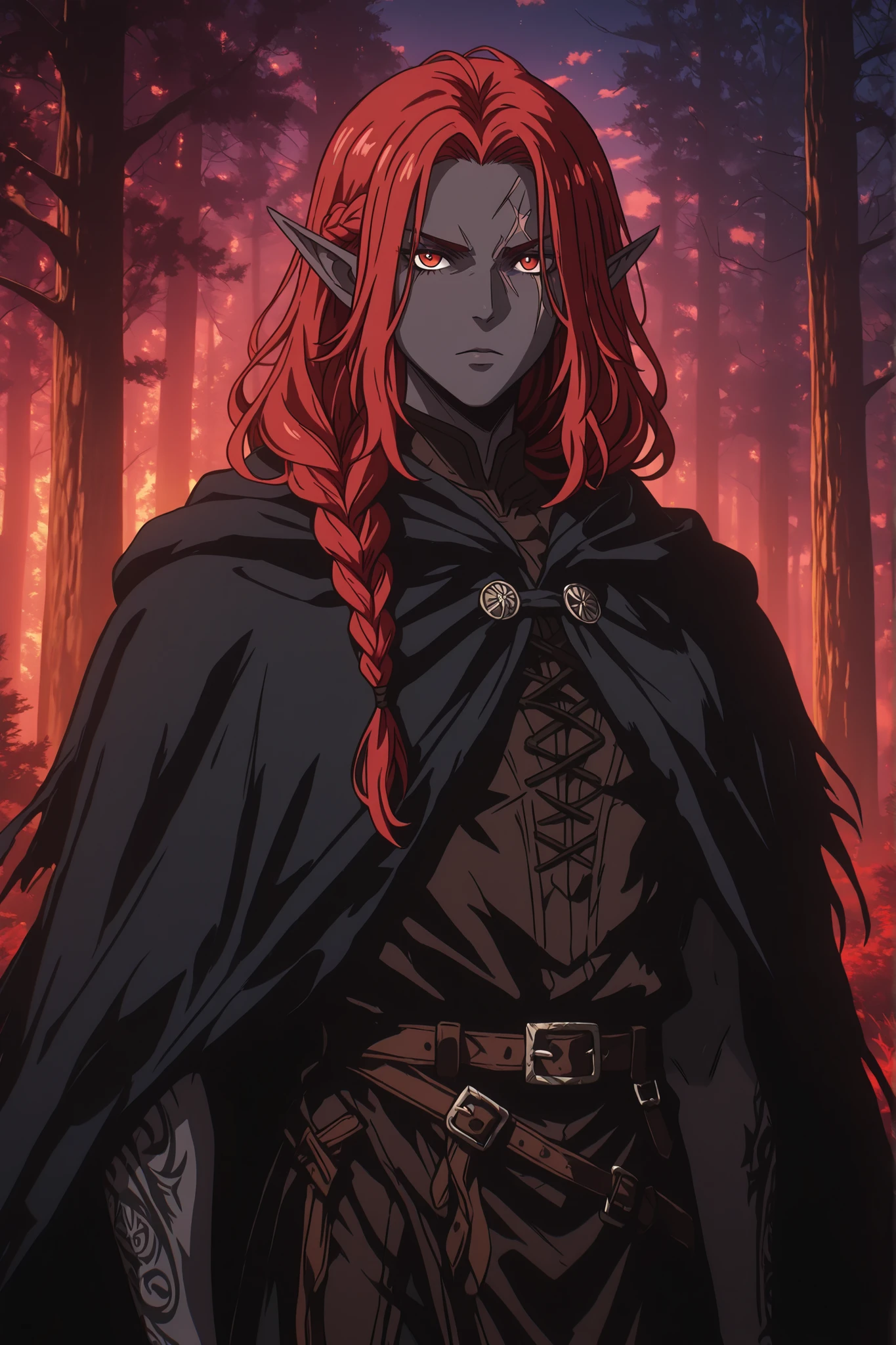 A dark blue-skin drow elf with red hair, scar on the left cheek, a braid on the right side, dressed in natural druidic leather clothing and a cloak. His arms and face are covered with intricate and brilliant druid tattoos. The style is mystical and fantasy-themed, with forest elements subtly incorporated into the clothing. The setting is a forest clearing with magical light filtering through the trees. High detail, cinematic lighting, fantasy concept art style.