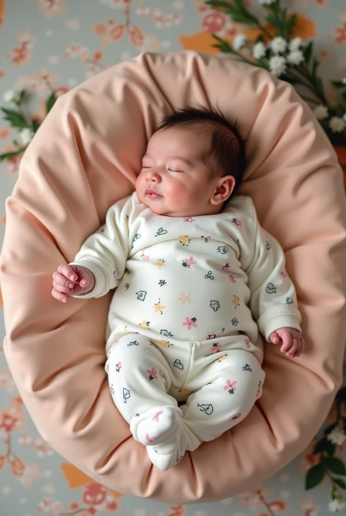 Create a baby with cute clothes, the baby is in a cute New born bed, the image shows a full body baby in a New Born white background image