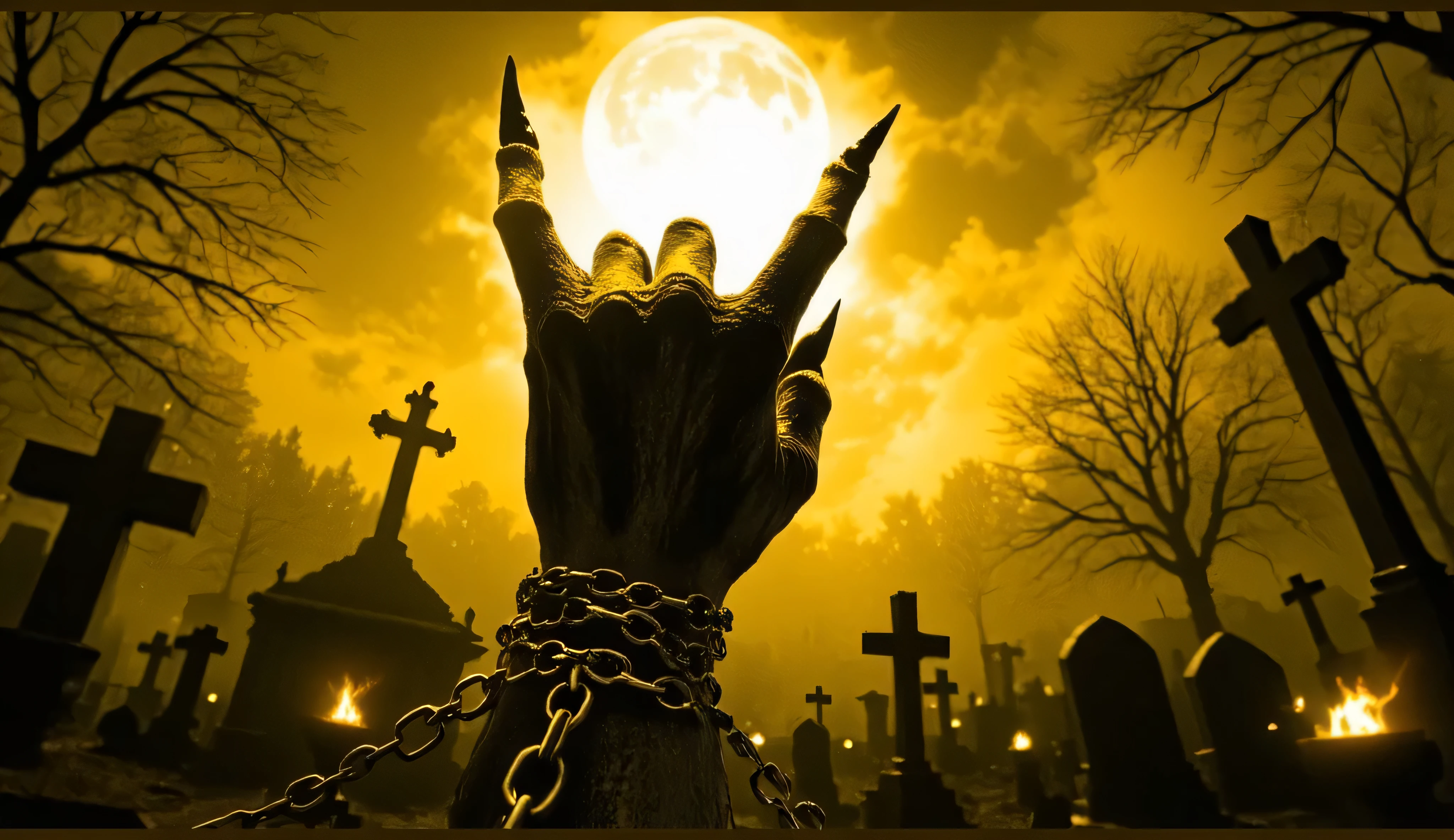 art, wallpaper, haunting graveyard landscape at midnight, ancient crosses silhouetted against starlit sky, big moon, moonlight, contrast, good lightning, decaying monuments, fog, dead trees, fires and torches burning in the background, deep shadows and moonlit highlights, atmospheric perspective, hyperrealistic details, professional dark fantasy artwork. in the first plan there is a raising dead demon hand with damaged skin, performing a sign of a metal horns. That hand is binded with solid rusty chains. analog film aesthetic, realistic, visible grain, medium format lens, 8K