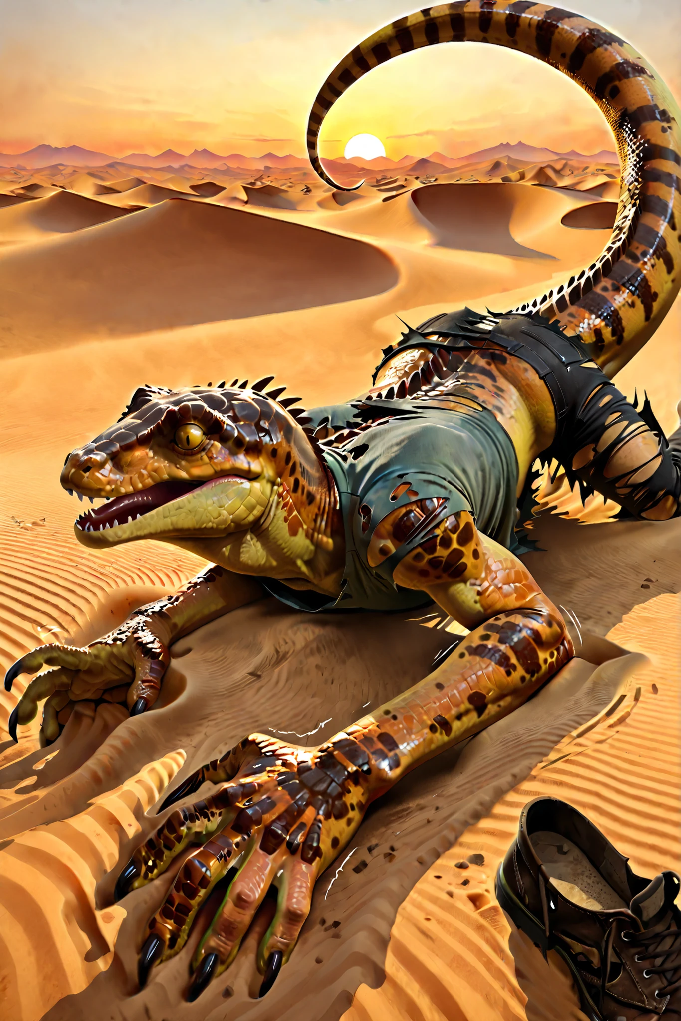 closeup scale foot, high angle view, ultra closeup foot, laying, lizard: 1.1, grabbing tail, human morfing into lizard, mid transformation, transfur, torn casual clothes, torn shoes, shaking, sand, desert, sunset, warm colours, fine painting, linear, 