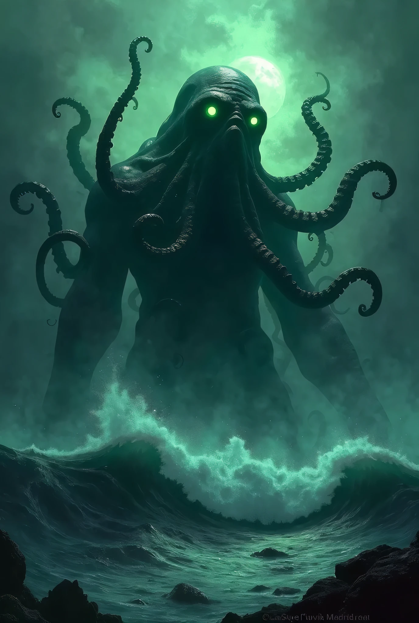 Eldritch horror digital painting. Cthulhu emerging from the depths with glowing green eyes. It's massive tentacled face partially obscured by swirling mist, dark ocean waves crashing around it's colossal form, eerie bioluminescent glow, low-angle cinematic shot.