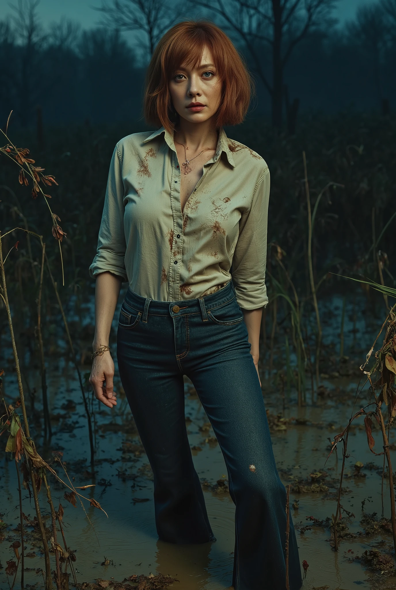 fetish torture atmosphere, dirty desire setting, nasty middle-aged woman, wrinkles, vulgar, duckweed, drowns in a muddy swamp. eye bags, wrinkles, tight flared messy denim jeans and and shirt, copper brunette bob-cut, posing in sexual tension, Night, blue, beige, red,