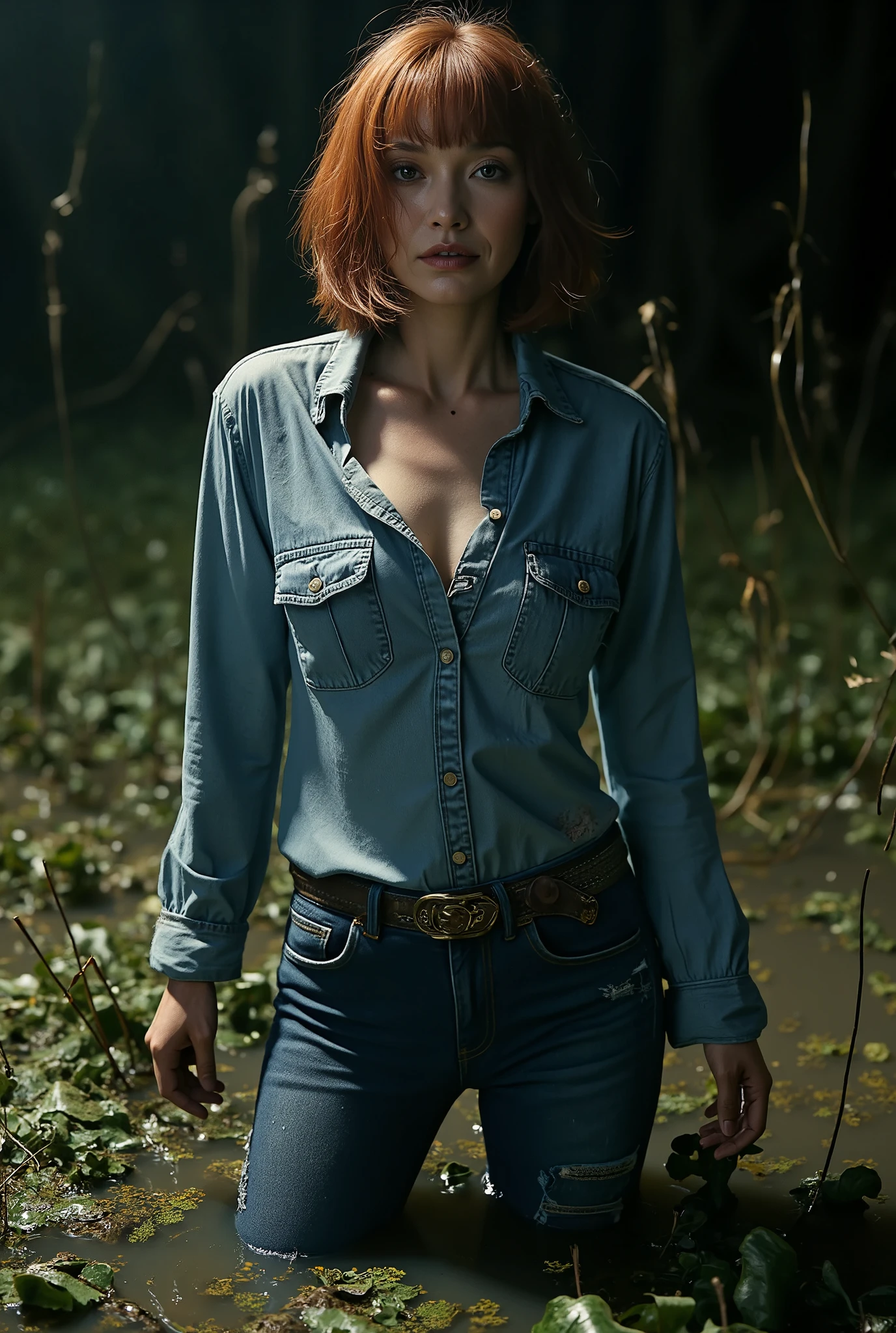 fetish torture atmosphere, dirty desire setting, nasty middle-aged woman, wrinkles, vulgar, duckweed, drowns in a muddy swamp. eye bags, wrinkles, tight flared messy denim jeans and and shirt, copper brunette bob-cut, posing in sexual tension, Night, blue, beige, red,