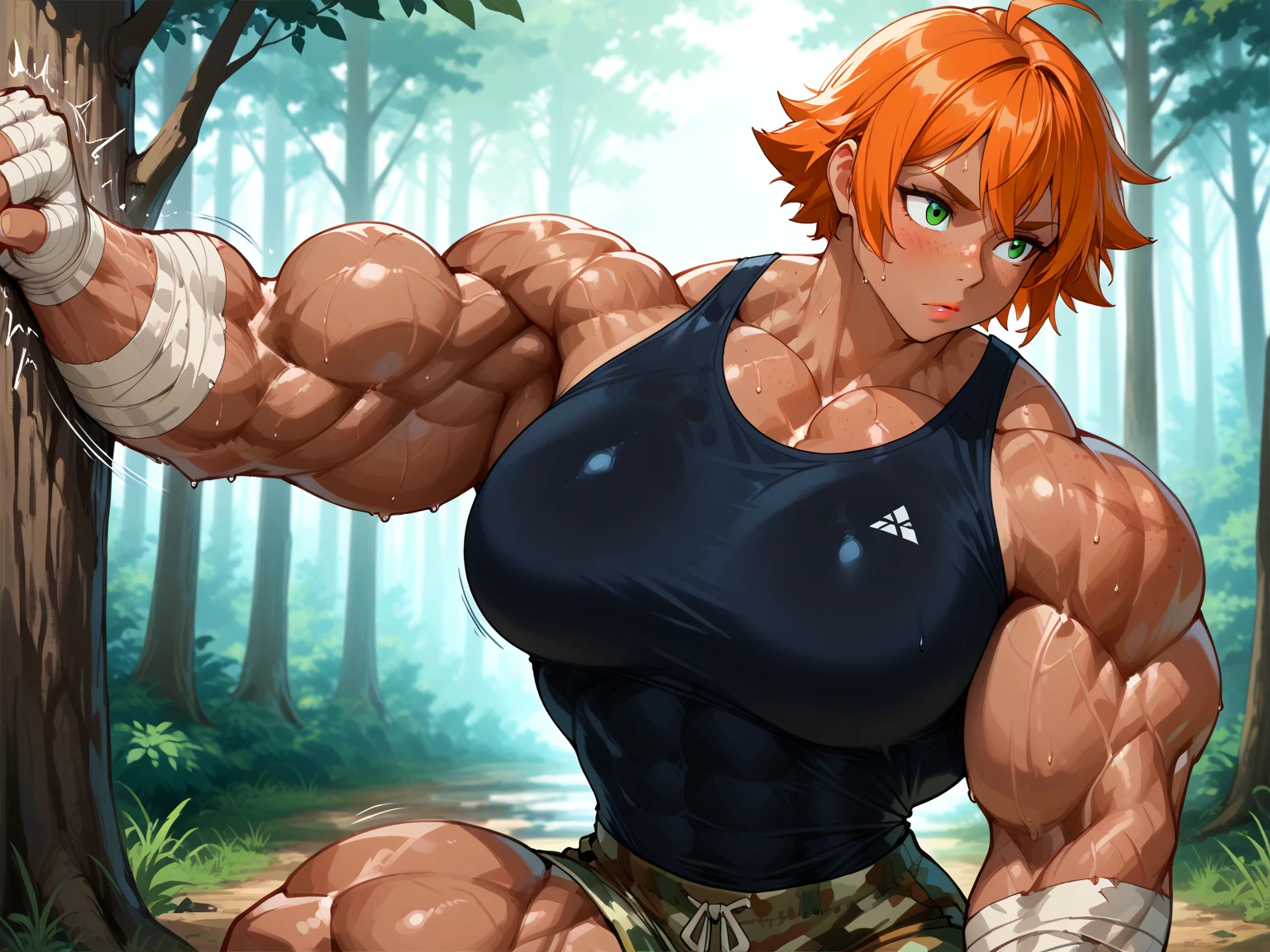 ((​masterpiece))、((Top image quality))、((top-quality))、(((Illustration of one woman)))、(((Muscle Girl)))、full body Esbian、((30-years old))、((neuter))、((twin tails with orange hair))、Red eyes、((Long body))、(((perspiring)))、((Steam wafting around the body))、((Body wet with sweat))、(((Muscular and strong body)))、((Split abs))、(((muscular and thick arms)))、(((muscular and thick thighs)))、((manspreading))、((Sports Swimwear))、Sitting on a deck chair、in poolside