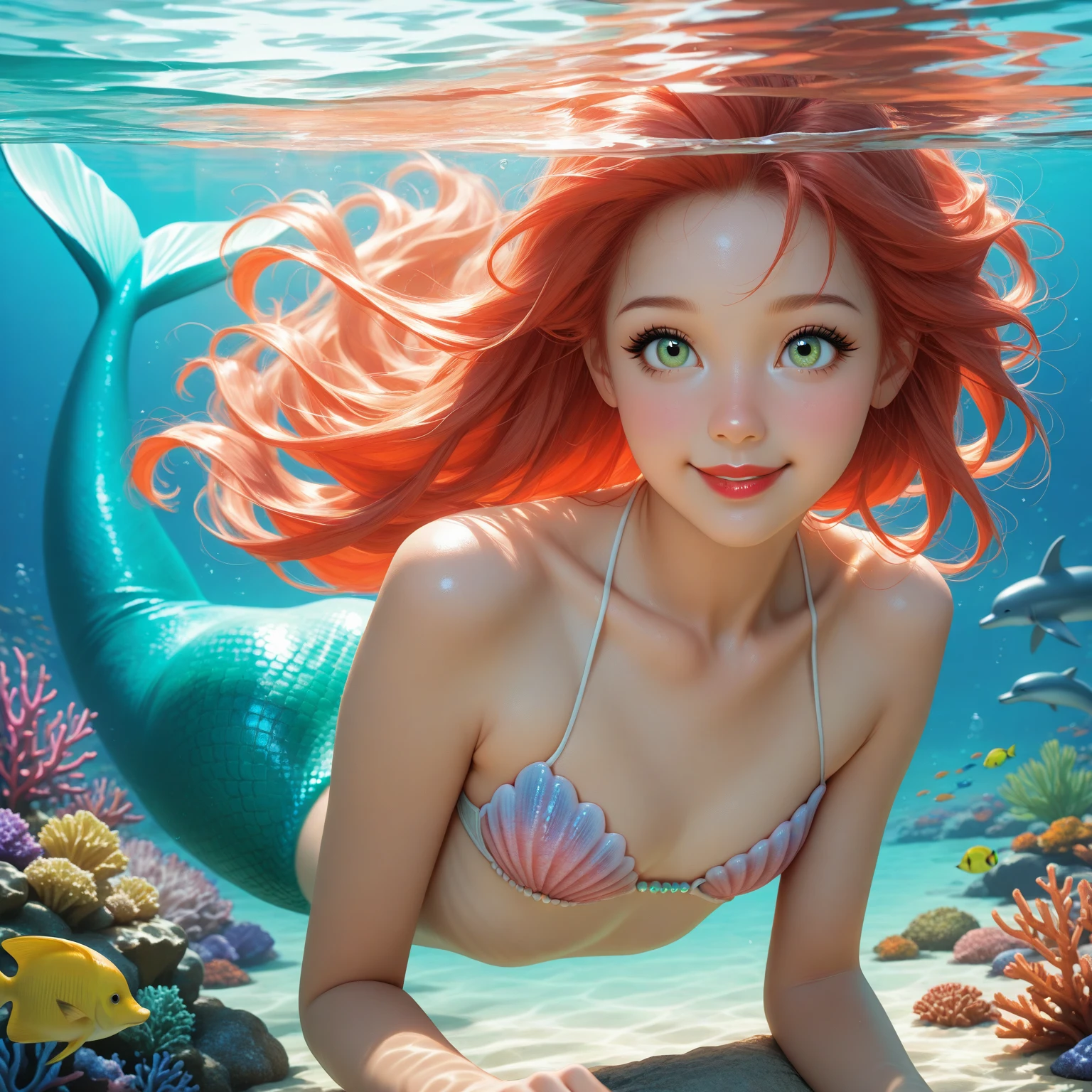 Paint_Style, 1girll, 独奏, long whitr hair, looking at viewert, green-eyed, red hair, parted lip, Eau, cparted lips, leafs, head looking up, Partially submerged, freckle, The fish, Under the water, airbubble, mermaids,Fish tail,