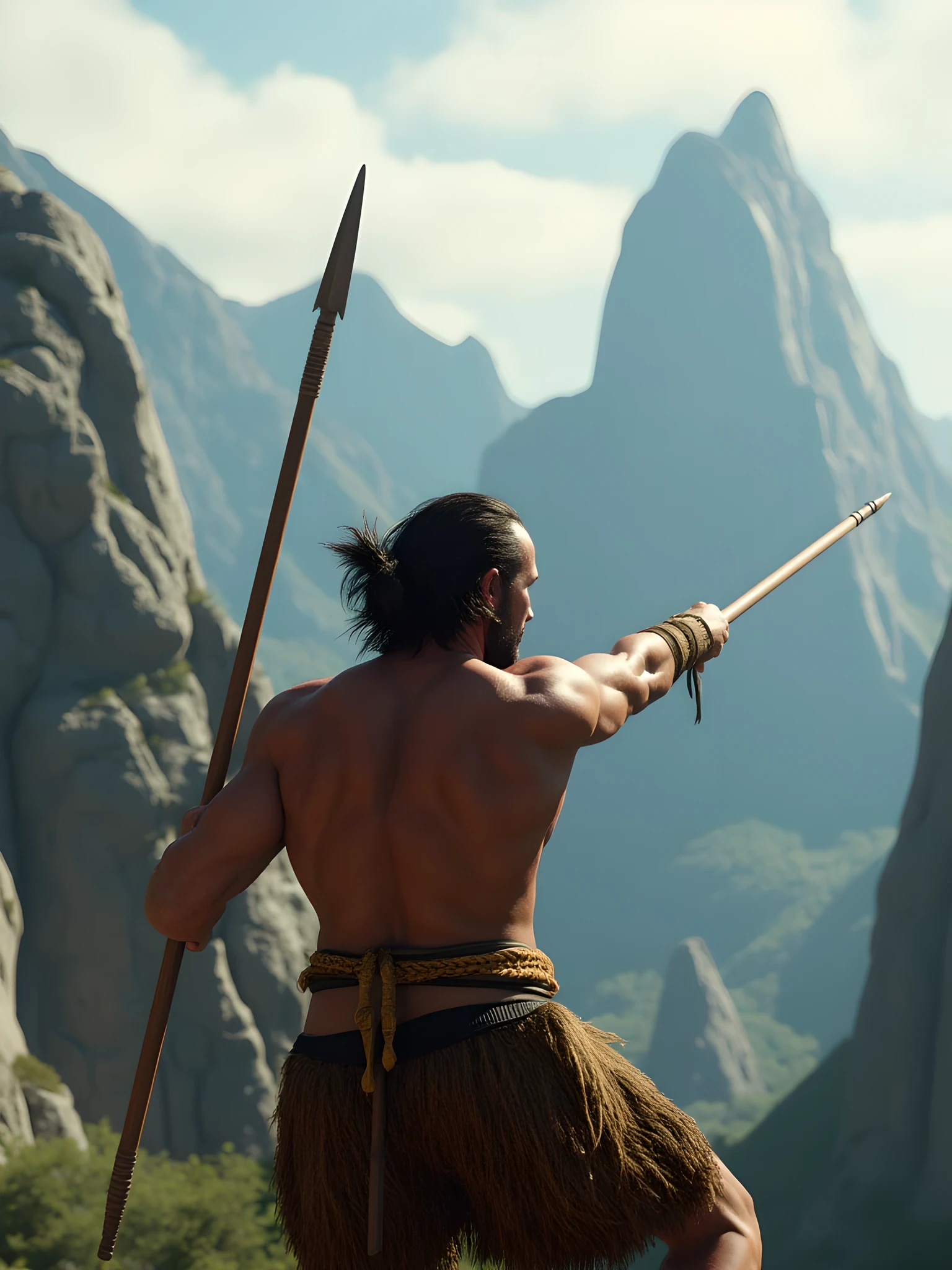 Character
(Realistic ultra intricately landscape),during jurrasic era,a primitive hunter pulling a straight shape spear on the scenery,,(perfectly shapelfullbody muscular|cinematic dynamically camera angle scenery:accurate depicted:1.3),he is holding, aiming and throwing a wooden spear into the horizon,realistically depth,(cinematography dynamic angle|hyperrealistic:realistic scenery:3d texture over the scenery),the volumetric top of rock mountain scenery,(cinematography vibe),(dynamic image composition),(octane 3d rendering|50mm lens shot:1.3),(ultra realistic texture),(best photography composition),(best image aperture),(full details depth of field),(best shutter speed),(RAW photo image),(photorealistic|photorealism:hyperrealism style),(realistic depth 3d:cgi:1.3),(trending on cgsociety:devianart:unreal engine 5),(best photography:national Geographic style),stonepunk artwork, digital art,best lighting concept,realistic fixed human anatomy body and hands anatomy, inspired by farcry5 game artwork.