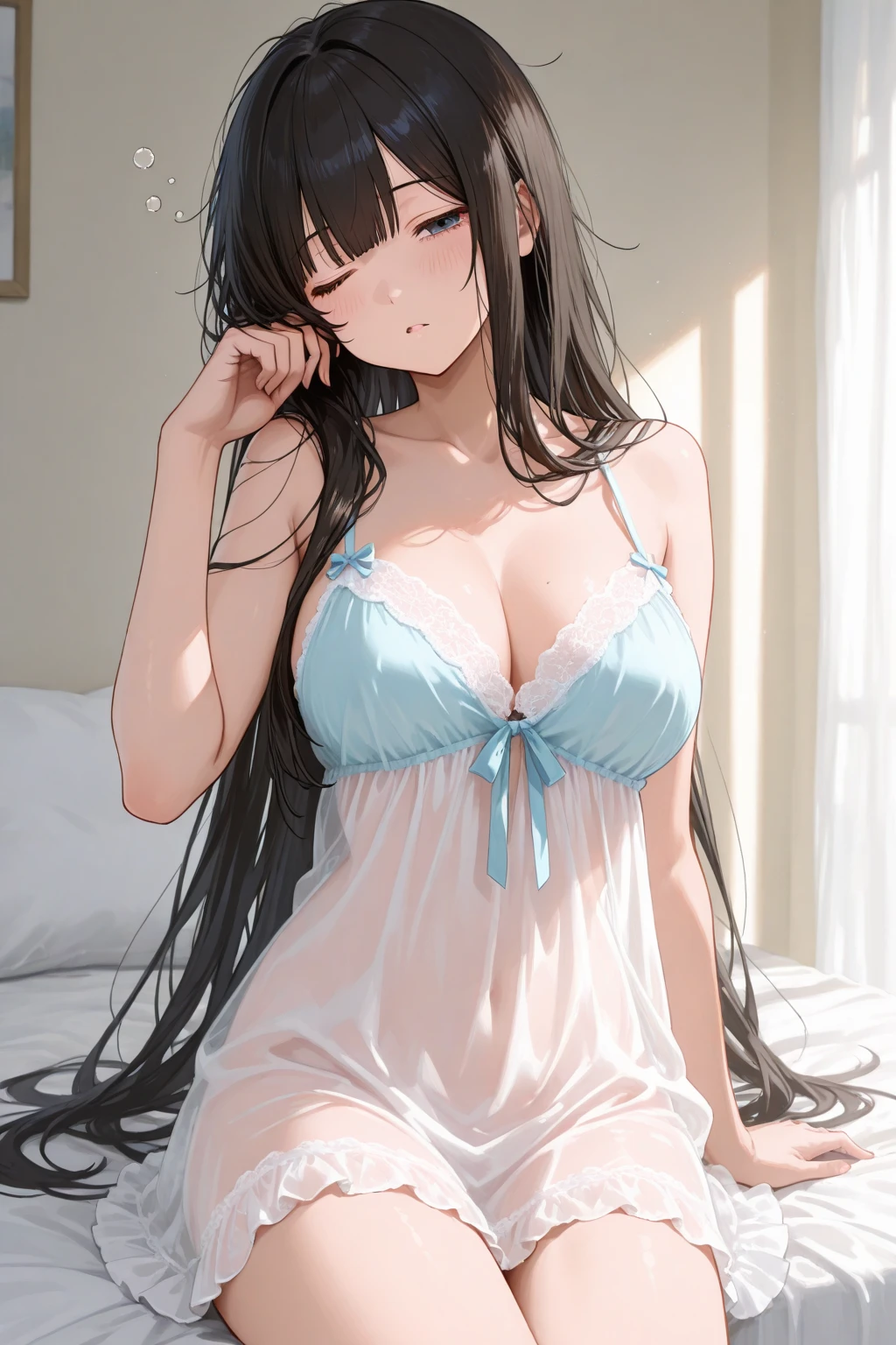 nico robin from anime one piece, robin, black hair, long hair, ponytail, beautiful woman, beautiful, very beautiful, perfect body, perfect boobs, standing, wearing watch, wearing earrings, wearing over sized white t-shirt, panties purple, bedroom, sitting on the bed, mattress, masterpiece, textured skin, super detailed, high detailed, high quality, best quality, 1080p, 16k, HD